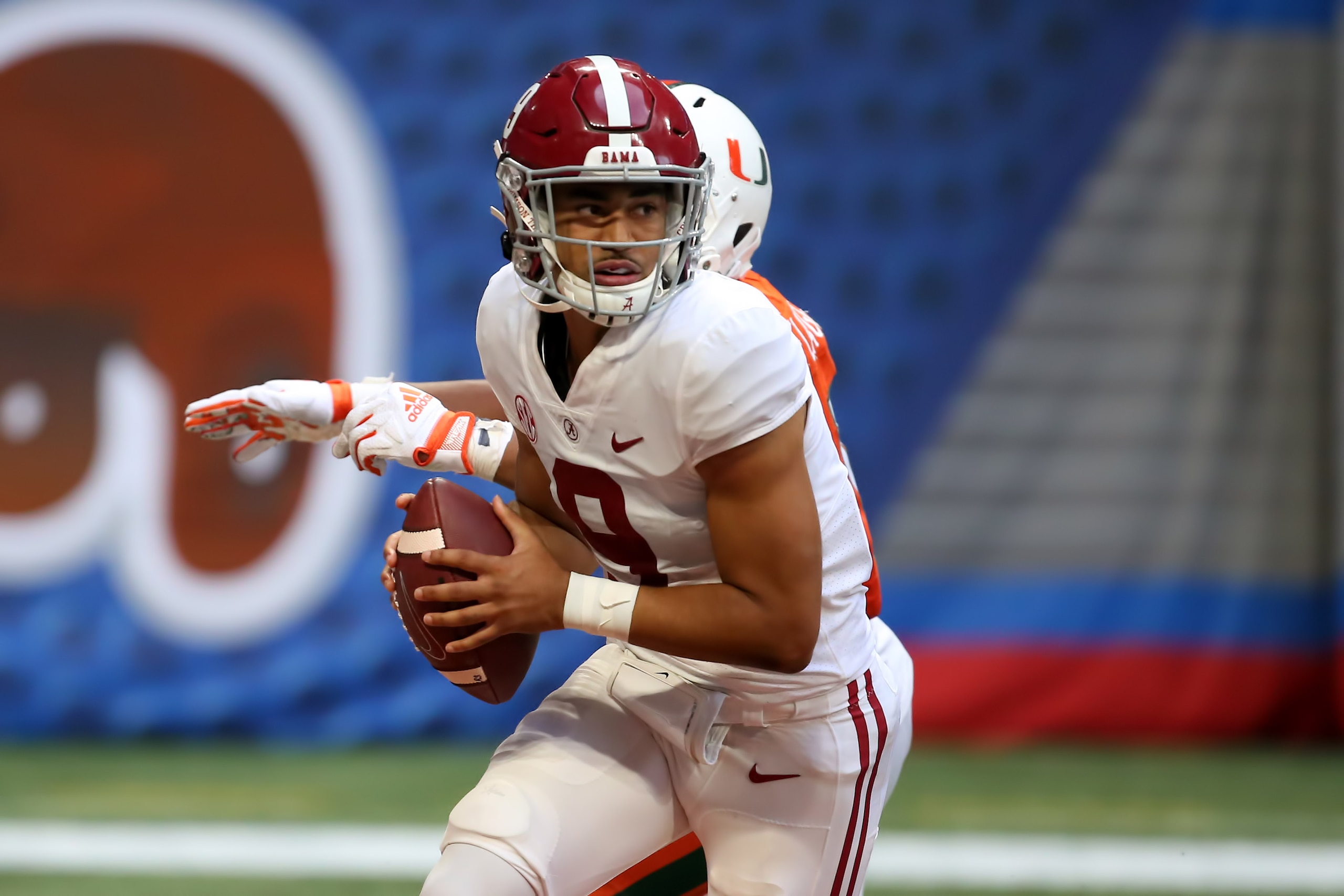 ATLANTA, GA - SEPTEMBER 04: Alabama Crimson Tide quarterback Bryce Young (9) during the Chick-fil-A Kickoff Game between the Miami Hurricanes and the Alabama Crimson Tide on September 4, 2021 at Mercedes Benz Stadium in Atlanta, Georgia.  (Photo by Michael Wade/Icon Sportswire via Getty Images)