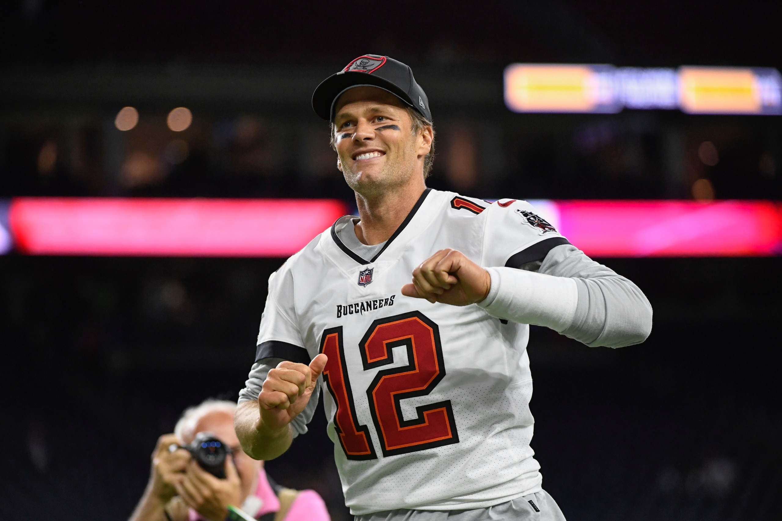 Tampa Bay Buccaneers quarterback Tom Brady (12) exits the field after an NFL preseason football game against the Houston Texans Saturday, Aug. 28, 2021, in Houston. (AP Photo/Justin Rex)