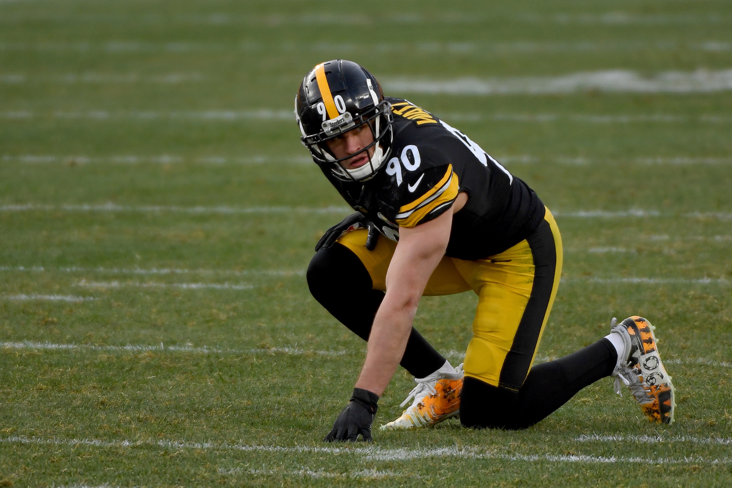 Pittsburgh Steelers outside linebacker T.J. Watt (90) in action during an NFL football game against the Indianapolis Colts, Sunday, Dec. 27, 2020, in Pittsburgh. (AP Photo/Justin Berl)