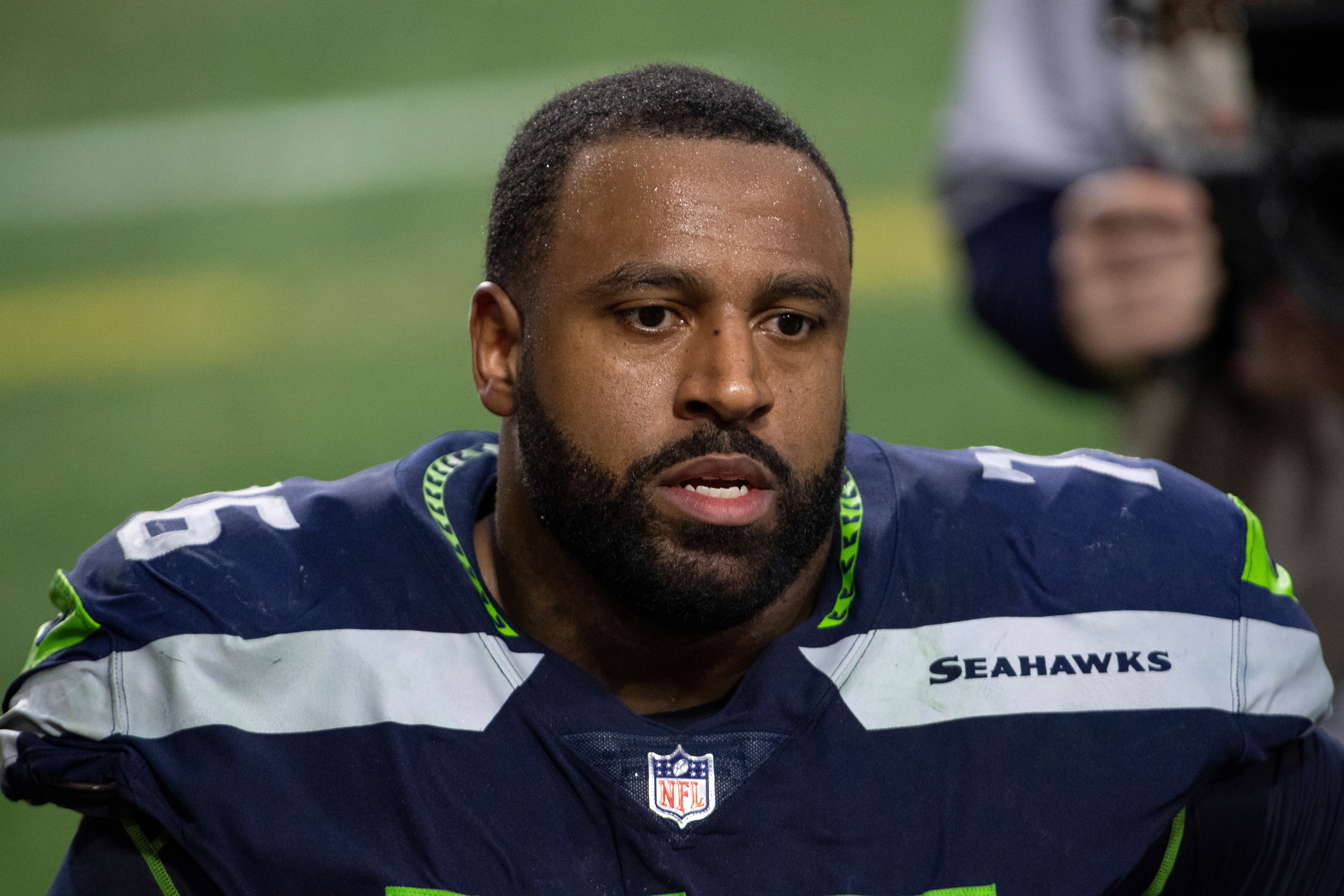 Seattle Seahawks offensive tackle Duane Brown (76) reacts after an NFL football game against the San Francisco 49ers, Sunday, Jan. 3, 2021, in Glendale, Ariz. (AP Photo/Jennifer Stewart)