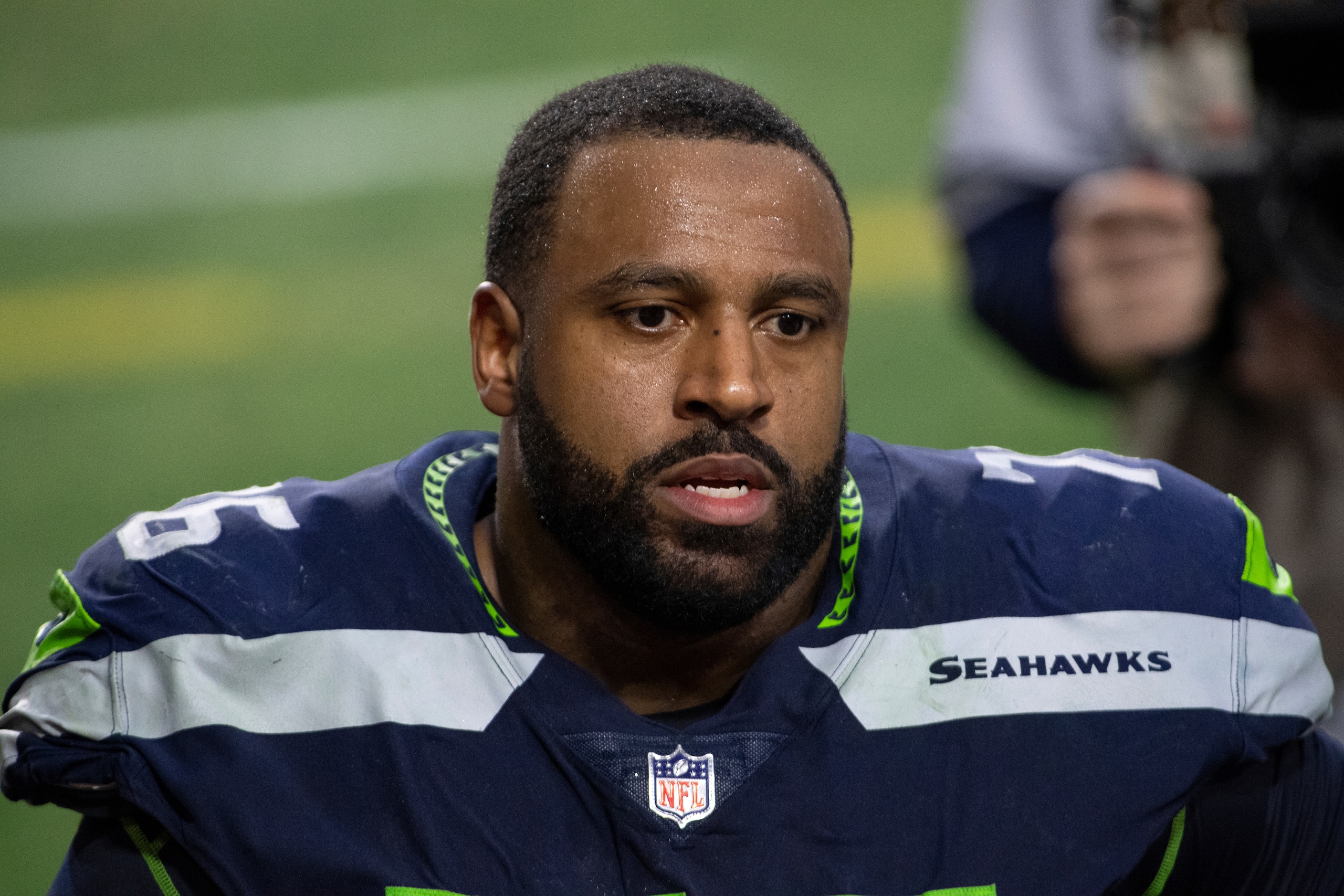 Seattle Seahawks offensive tackle Duane Brown (76) reacts after an NFL football game against the San Francisco 49ers, Sunday, Jan. 3, 2021, in Glendale, Ariz. (AP Photo/Jennifer Stewart)
