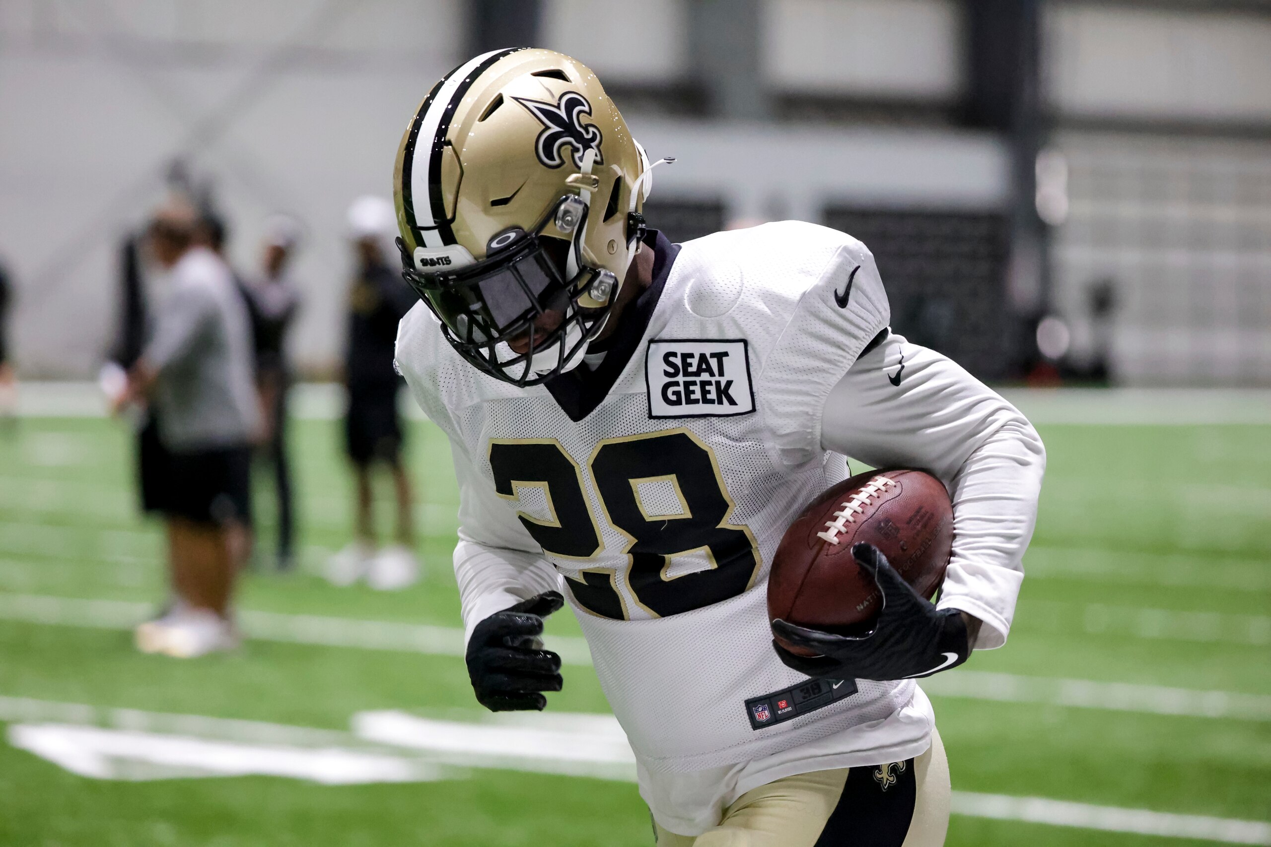 New Orleans Saints running back Latavius Murray (28) runs a drill during NFL football training camp in Metairie, La,. Tuesday, Aug. 17, 2021. (AP Photo/Derick Hingle)