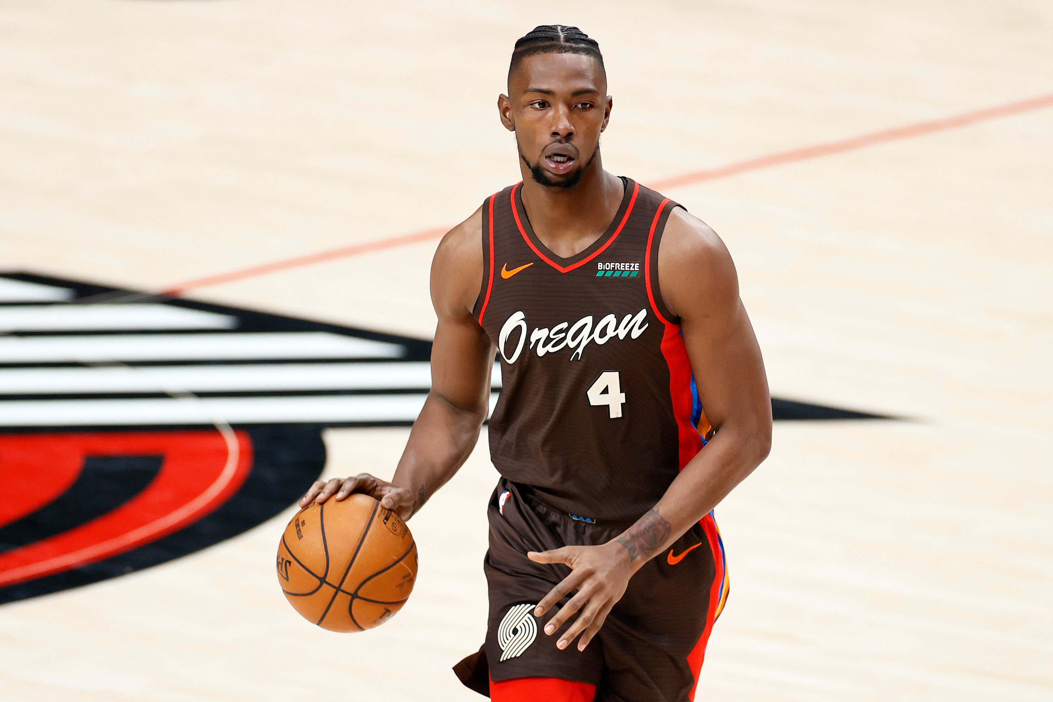 PORTLAND, OREGON - MAY 08: Harry Giles III #4 of the Portland Trail Blazers in action against the San Antonio Spurs at Moda Center on May 08, 2021 in Portland, Oregon. NOTE TO USER: User expressly acknowledges and agrees that, by downloading and or using this photograph, User is consenting to the terms and conditions of the Getty Images License Agreement. (Photo by Steph Chambers/Getty Images)
