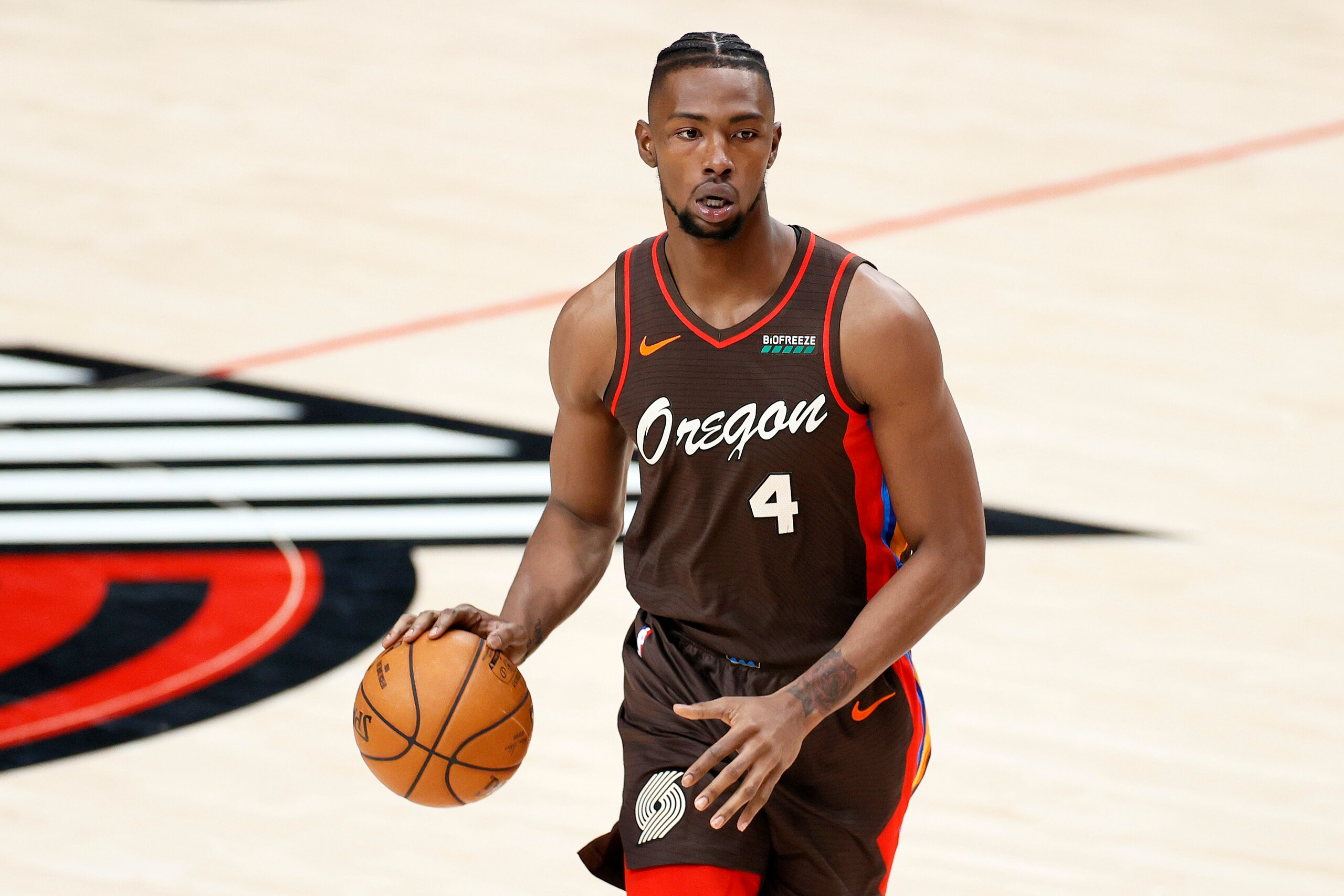 PORTLAND, OREGON - MAY 08: Harry Giles III #4 of the Portland Trail Blazers in action against the San Antonio Spurs at Moda Center on May 08, 2021 in Portland, Oregon. NOTE TO USER: User expressly acknowledges and agrees that, by downloading and or using this photograph, User is consenting to the terms and conditions of the Getty Images License Agreement. (Photo by Steph Chambers/Getty Images) PORTLAND, OREGON - MAY 08: Harry Giles III #4 of the Portland Trail Blazers in action against the San Antonio Spurs at Moda Center on May 08, 2021 in Portland, Oregon. NOTE TO USER: User expressly acknowledges and agrees that, by downloading and or using this photograph, User is consenting to the terms and conditions of the Getty Images License Agreement. (Photo by Steph Chambers/Getty Images)