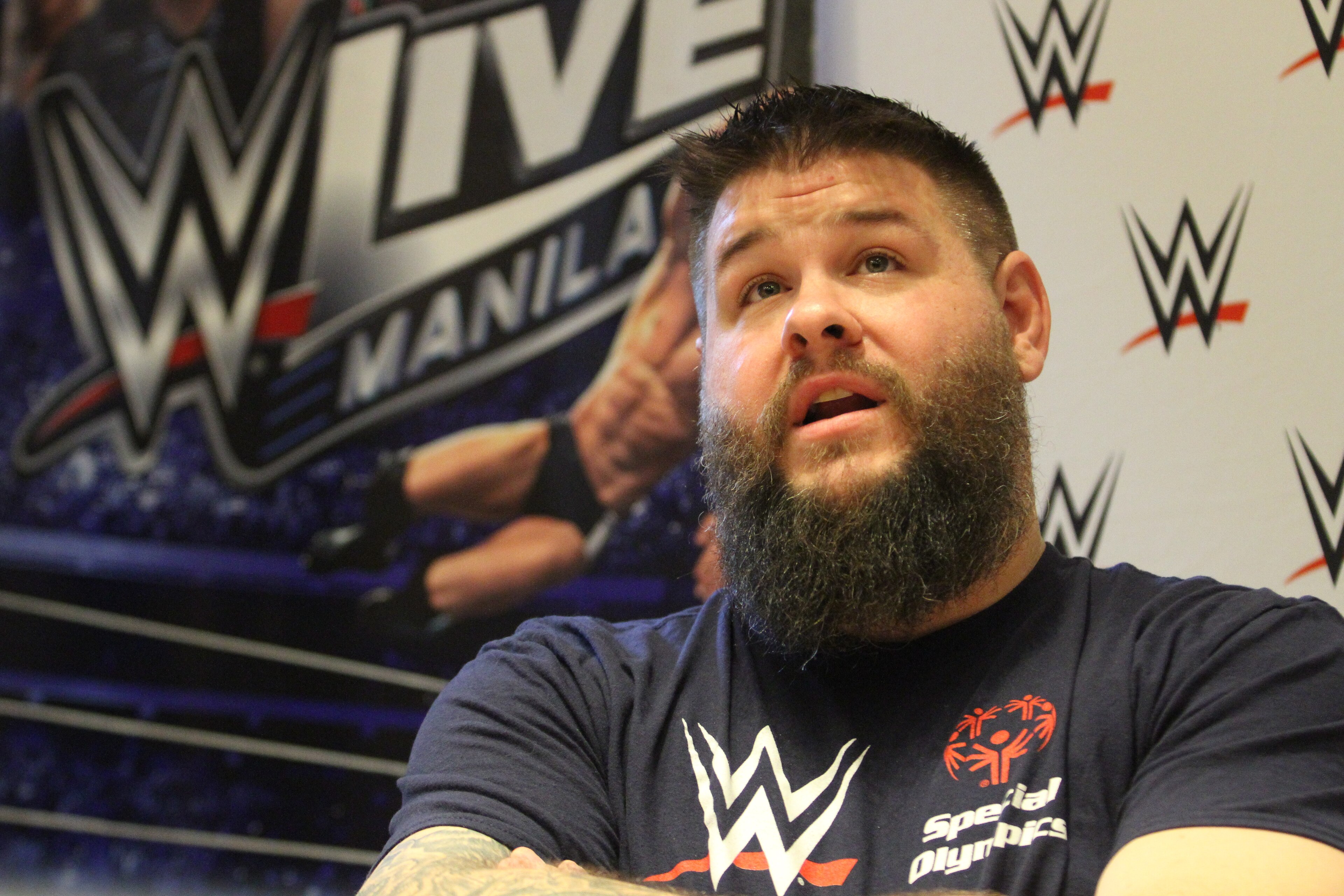 MARCO POLO ORTIGAS, PASIG CITY, METRO MANILA, PHILIPPINES - 2019/09/20: WWE Universal Champion Kevin Owens had a meet and greet session with the members of the media in Manila last September 20 to promote the upcoming WWE Live Event at the Araneta Coliseum later that night. (Photo by Dennis Jerome Acosta/Pacific Press/LightRocket via Getty Images)