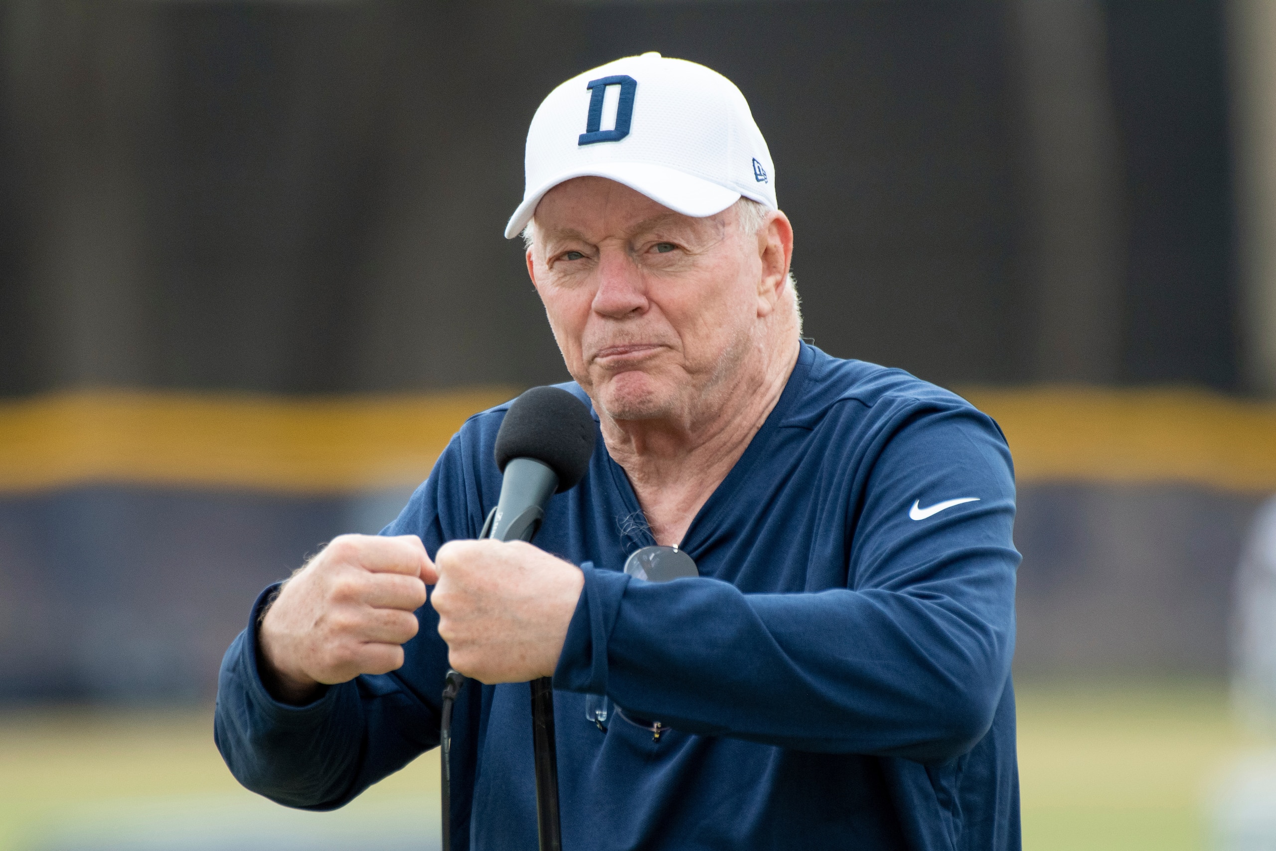 Dallas Cowboys owner Jerry Jones speaks to fans who were attending the practice at the NFL football team's training camp in Oxnard, Calif., Saturday, July 31, 2021. (AP Photo/Michael Owen Baker)