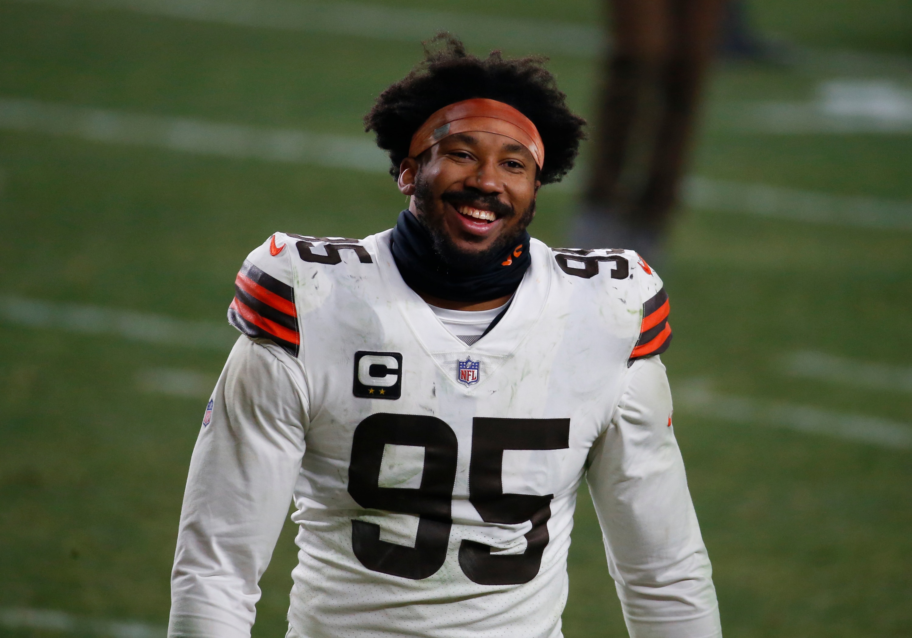 PITTSBURGH, PA - JANUARY 11:  Myles Garrett #95 of the Cleveland Browns celebrates against the Pittsburgh Steelers on January 11, 2021 at Heinz Field in Pittsburgh, Pennsylvania.  (Photo by Justin K. Aller/Getty Images)