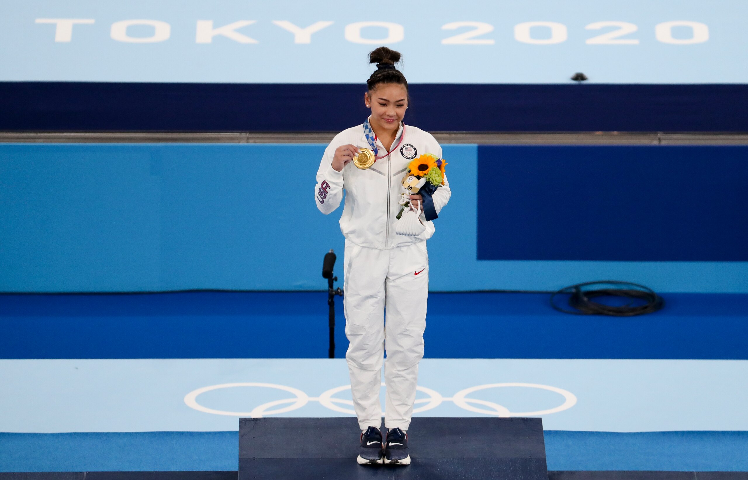 TOKYO, JAPAN - JULY 29: Gold Medalist Sunisa Lee of USA during the medals ceremony the gymnastics artistic Women's All-Around Final on day six of the Tokyo 2020 Olympic Games at Ariake Gymnastics Centre on July 29, 2021 in Tokyo, Japan. (Photo by Jean Catuffe/Getty Images)