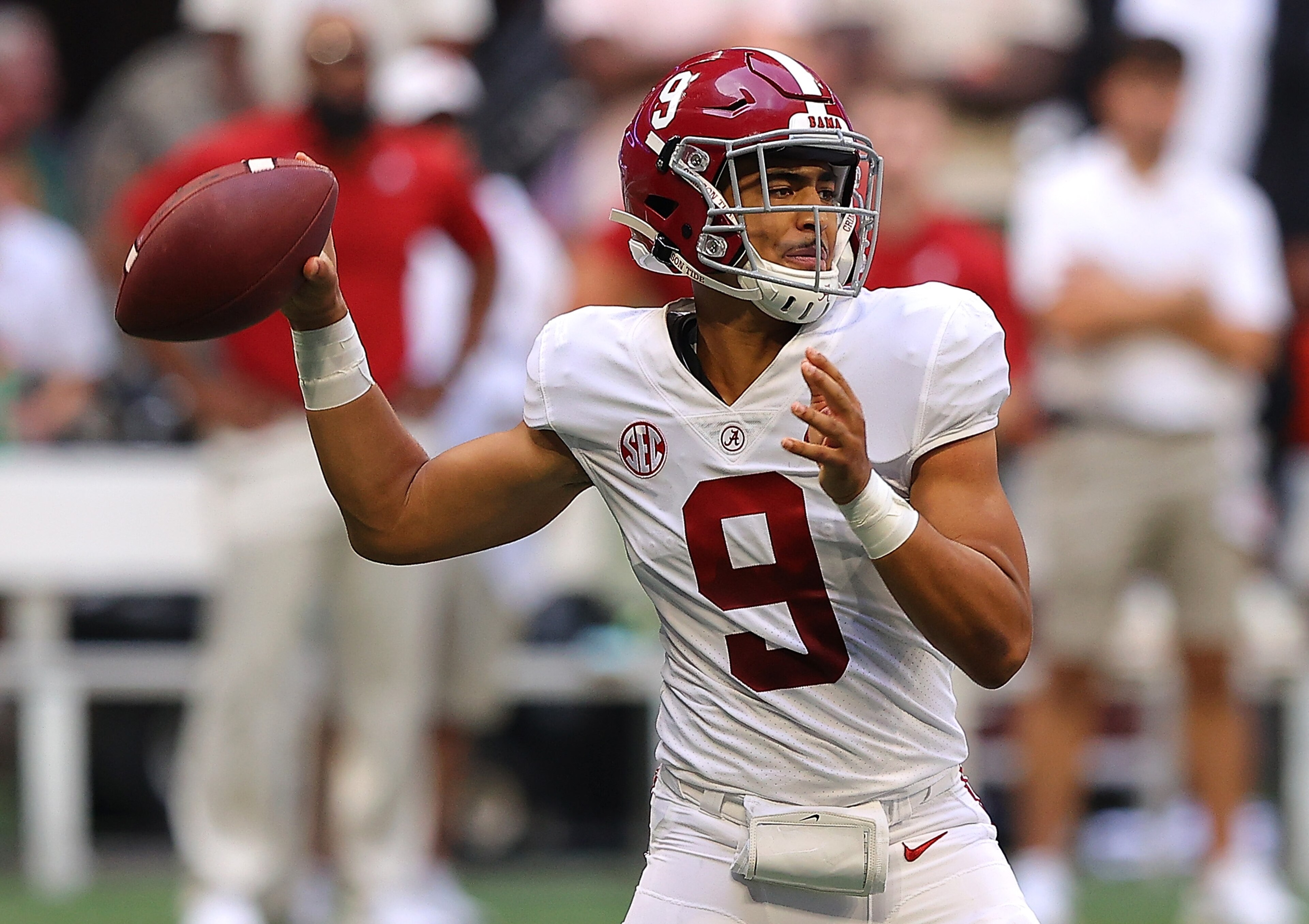 ATLANTA, GEORGIA - SEPTEMBER 04: Bryce Young #9 of the Alabama Crimson Tide looks to pass against the Miami Hurricanes during the first half of the Chick-fil-A Kick-Off Game at Mercedes-Benz Stadium on September 04, 2021 in Atlanta, Georgia. (Photo by Kevin C. Cox/Getty Images) ATLANTA, GEORGIA - SEPTEMBER 04: Bryce Young #9 of the Alabama Crimson Tide looks to pass against the Miami Hurricanes during the first half of the Chick-fil-A Kick-Off Game at Mercedes-Benz Stadium on September 04, 2021 in Atlanta, Georgia. (Photo by Kevin C. Cox/Getty Images)