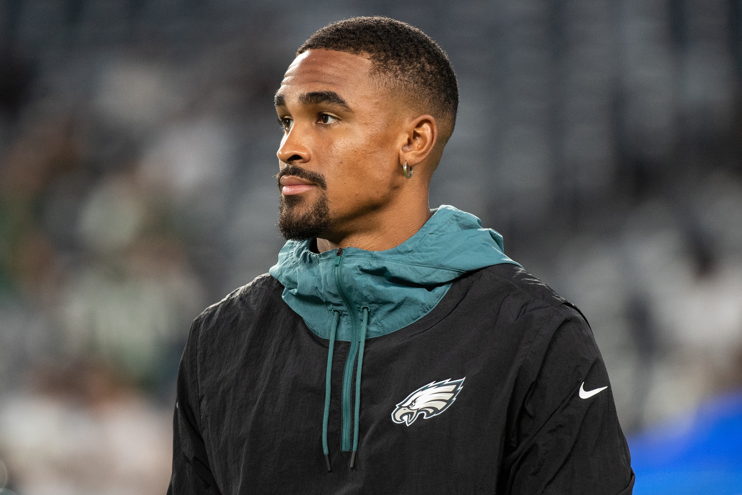 EAST RUTHERFORD, NJ - AUGUST 27: Jalen Hurts #1 of the Philadelphia Eagles before the start of a preseason game against the New York Jets at MetLife Stadium on August 27, 2021 in East Rutherford, New Jersey. (Photo by Dustin Satloff/Getty Images)