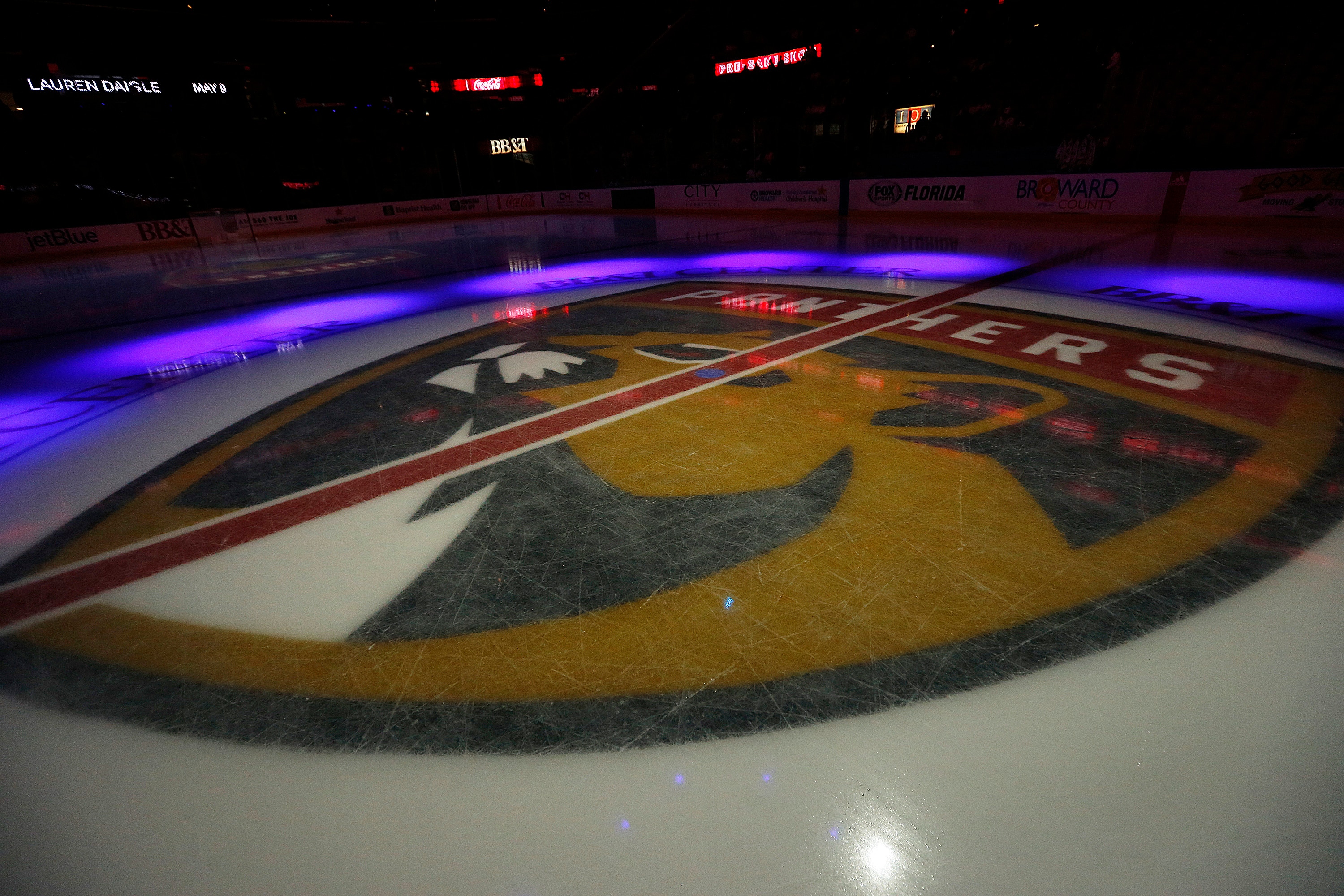 SUNRISE, FL - FEBRUARY 27: The Florida Panthers logo on the ice prior to the start of the game against the Toronto Maple Leafs at the BB&T Center on February 27, 2020 in Sunrise, Florida. (Photo by Eliot J. Schechter/NHLI via Getty Images)