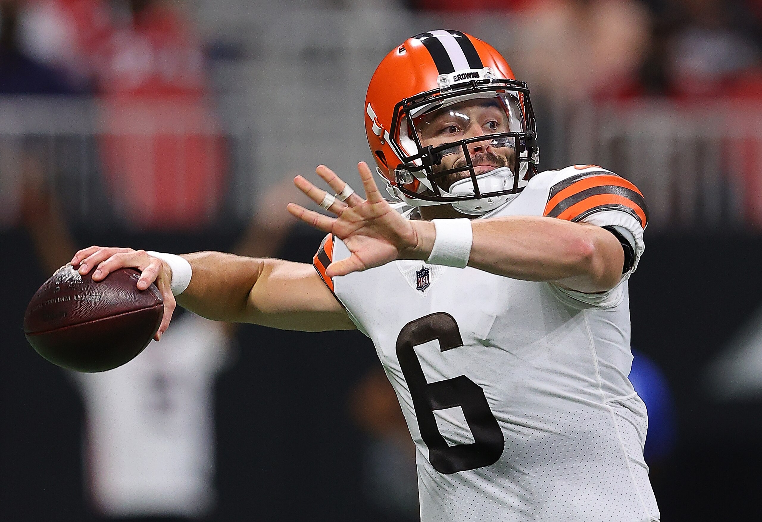 ATLANTA, GEORGIA - AUGUST 29: Baker Mayfield #6 of the Cleveland Browns looks to pass against the Atlanta Falcons during the first half at Mercedes-Benz Stadium on August 29, 2021 in Atlanta, Georgia. (Photo by Kevin C. Cox/Getty Images) ATLANTA, GEORGIA - AUGUST 29: Baker Mayfield #6 of the Cleveland Browns looks to pass against the Atlanta Falcons during the first half at Mercedes-Benz Stadium on August 29, 2021 in Atlanta, Georgia. (Photo by Kevin C. Cox/Getty Images)
