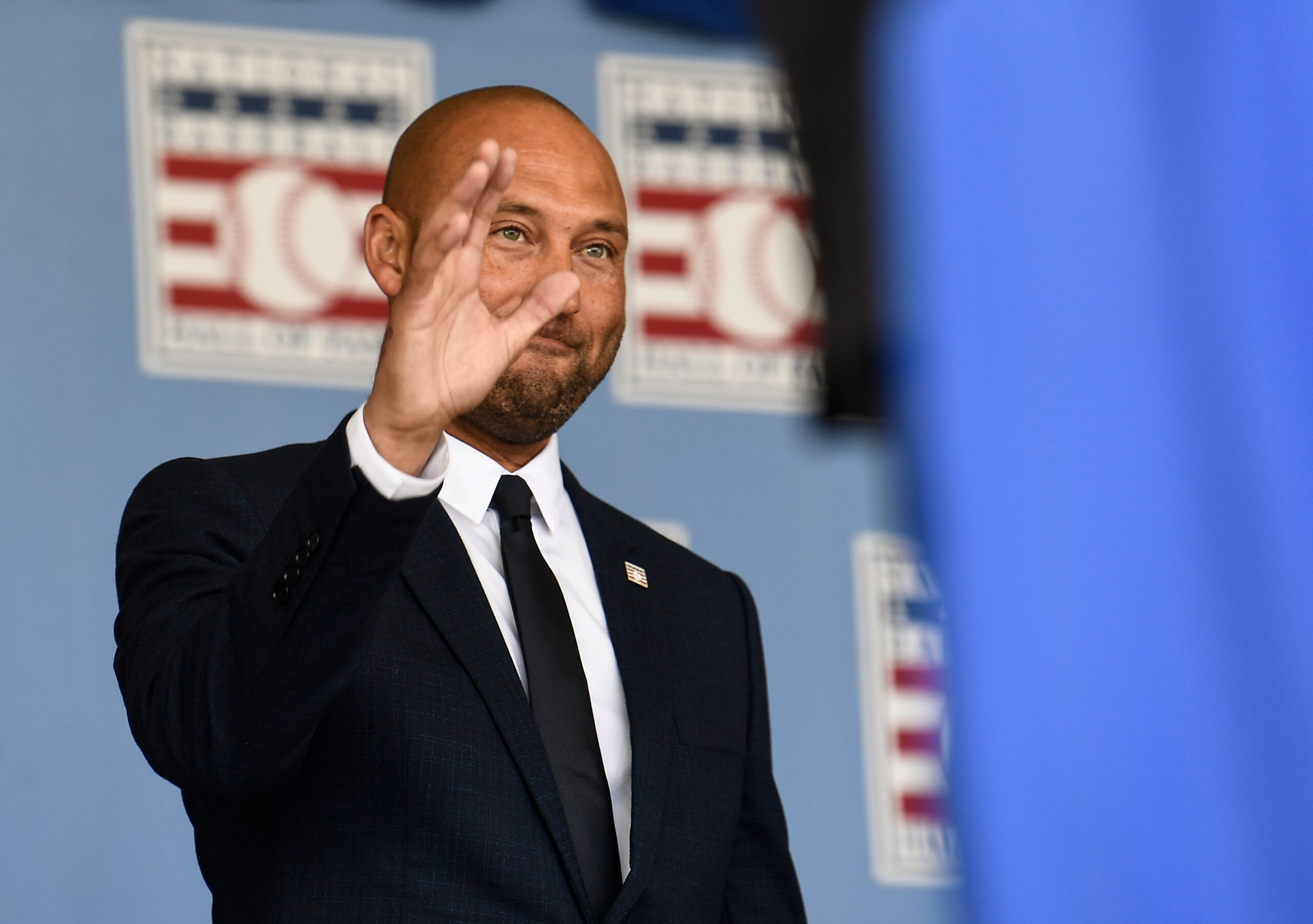 Hall of Fame inductee Derek Jeter, of the New York Yankees, arrives during an induction ceremony at the Clark Sports Center at the National Baseball Hall of Fame, Wednesday, Sept. 8, 2021, in Cooperstown, N.Y. (AP Photo/Hans Pennink)