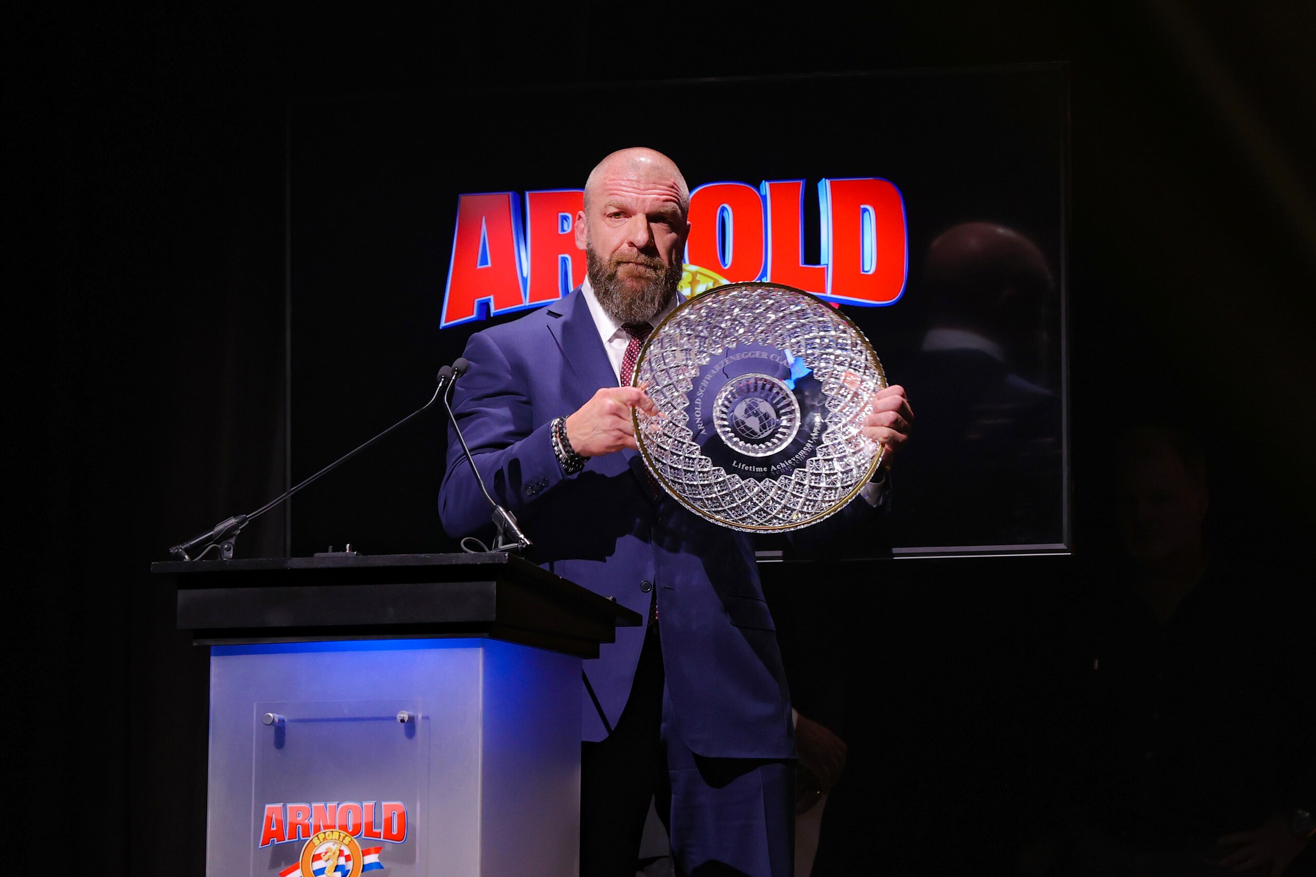 COLUMBUS, OH - MARCH 07: Paul Levesque, better known as WWE Superstar and Executive Vice President Triple H, poses with the Lifetime Achievement Award at the Arnold Sports Festival on March 7, 2020, at the Greater Columbus Convention Center in Columbus, OH. (Photo by Frank Jansky/Icon Sportswire via Getty Images)