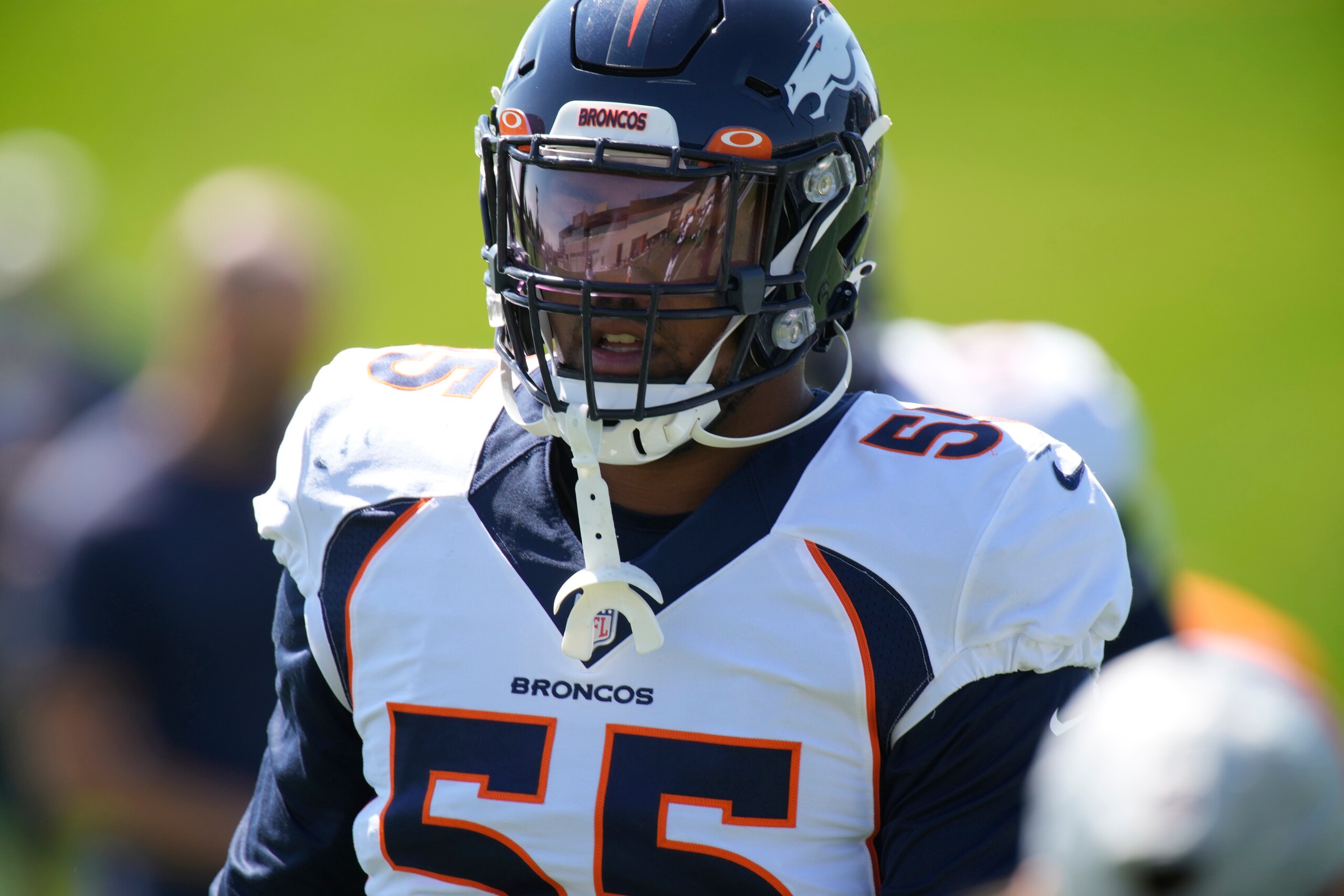 Denver Broncos outside linebacker Bradley Chubb (55) takes part in drills during an NFL football training practice at the team's headquarters Wednesday, Aug. 25, 2021, in Englewood, Colo. (AP Photo/David Zalubowski)
