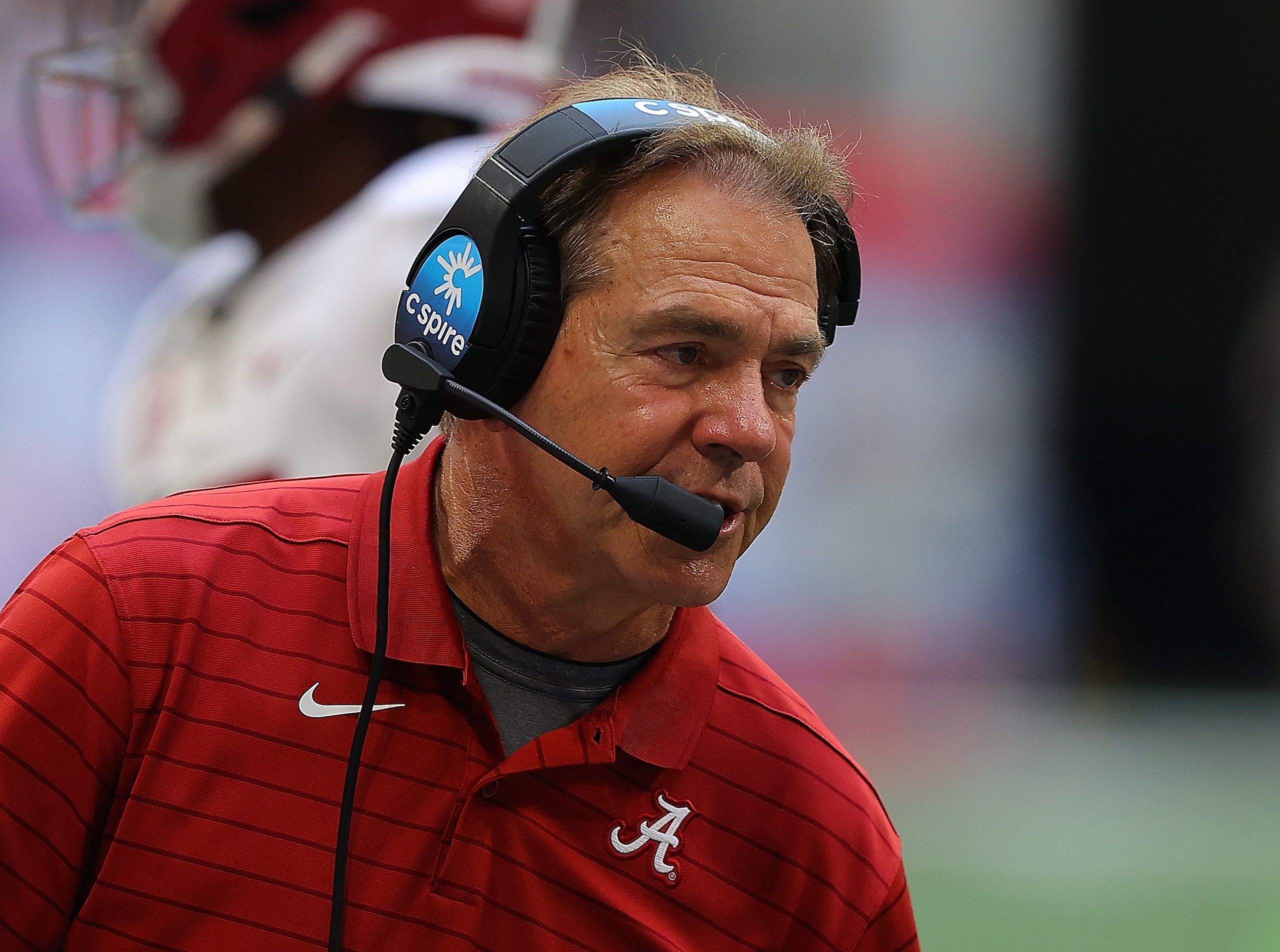 ATLANTA, GEORGIA - SEPTEMBER 04:  Head coach Nick Saban of the Alabama Crimson Tide walks the sidelines against the Miami Hurricanes during the second half of the Chick-fil-A Kick-Off Game at Mercedes-Benz Stadium on September 04, 2021 in Atlanta, Georgia. (Photo by Kevin C. Cox/Getty Images)
