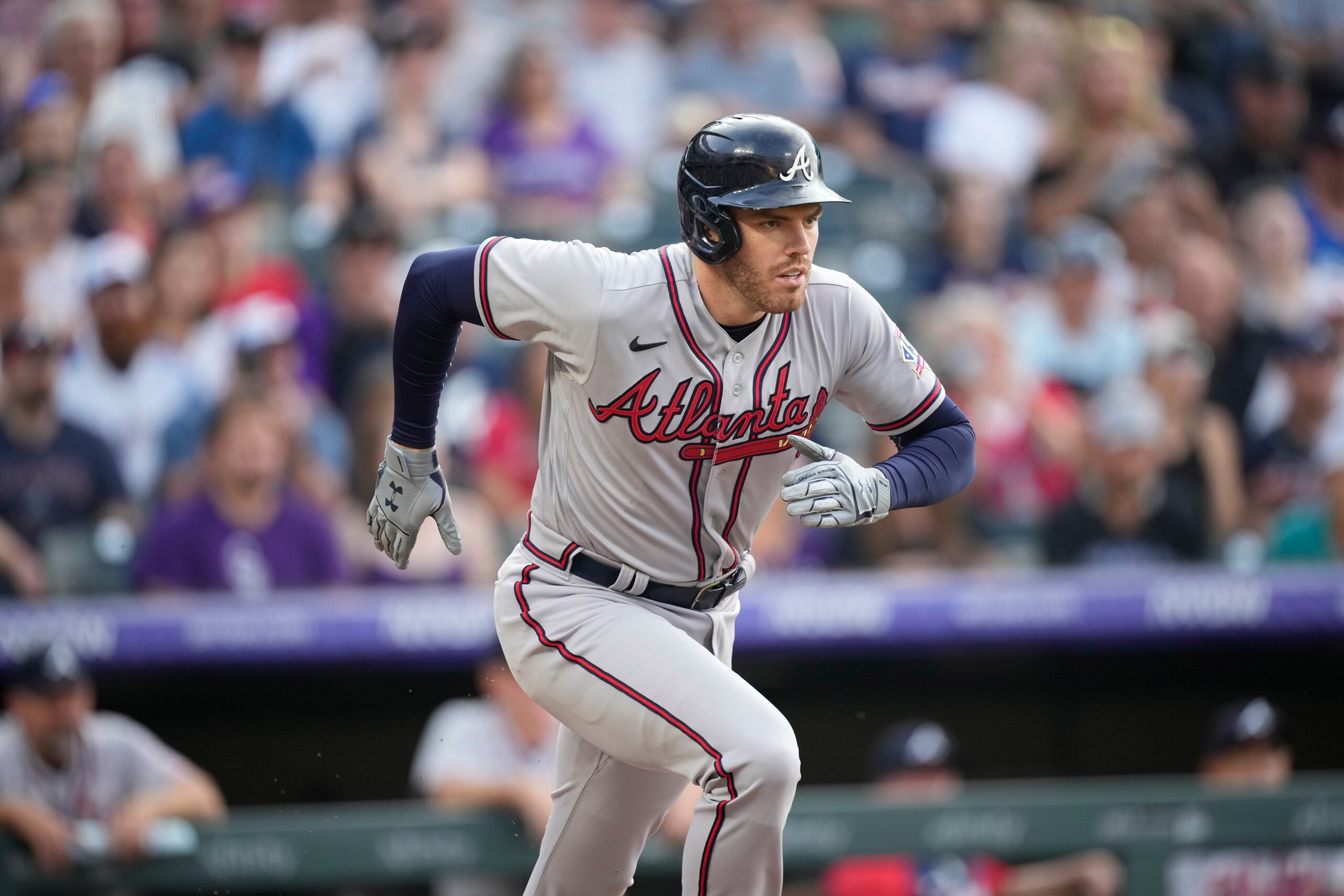 Atlanta Braves first baseman Freddie Freeman (5) in the first inning of a baseball game Saturday, Sept. 4, 2021, in Denver. (AP Photo/David Zalubowski)