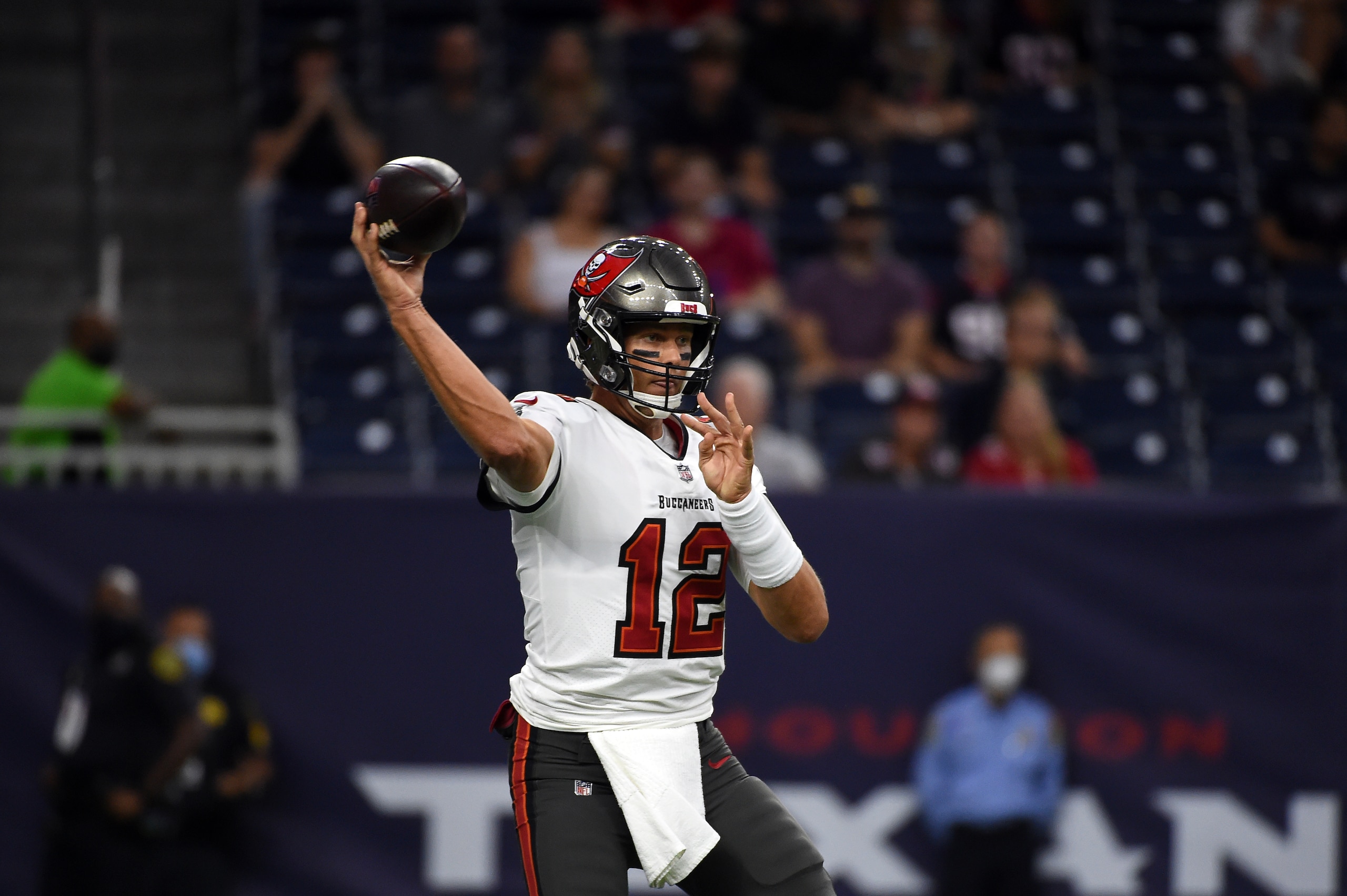 Tampa Bay Buccaneers quarterback Tom Brady (12) throws a pass against the Houston Texans during the first half of an NFL preseason football game Saturday, Aug. 28, 2021, in Houston. (AP Photo/Eric Christian Smith)
