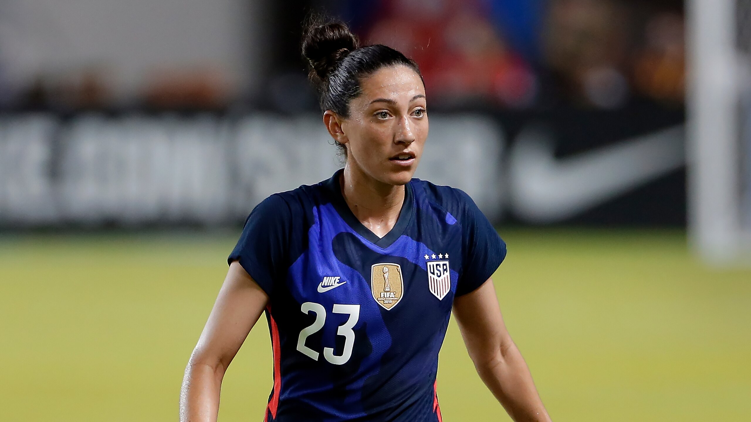 United States forward Christen Press (23) during their 2021 WNT Summer Series match against Jamaica Sunday, June 13, 2021, in Houston. (AP Photo/Michael Wyke)