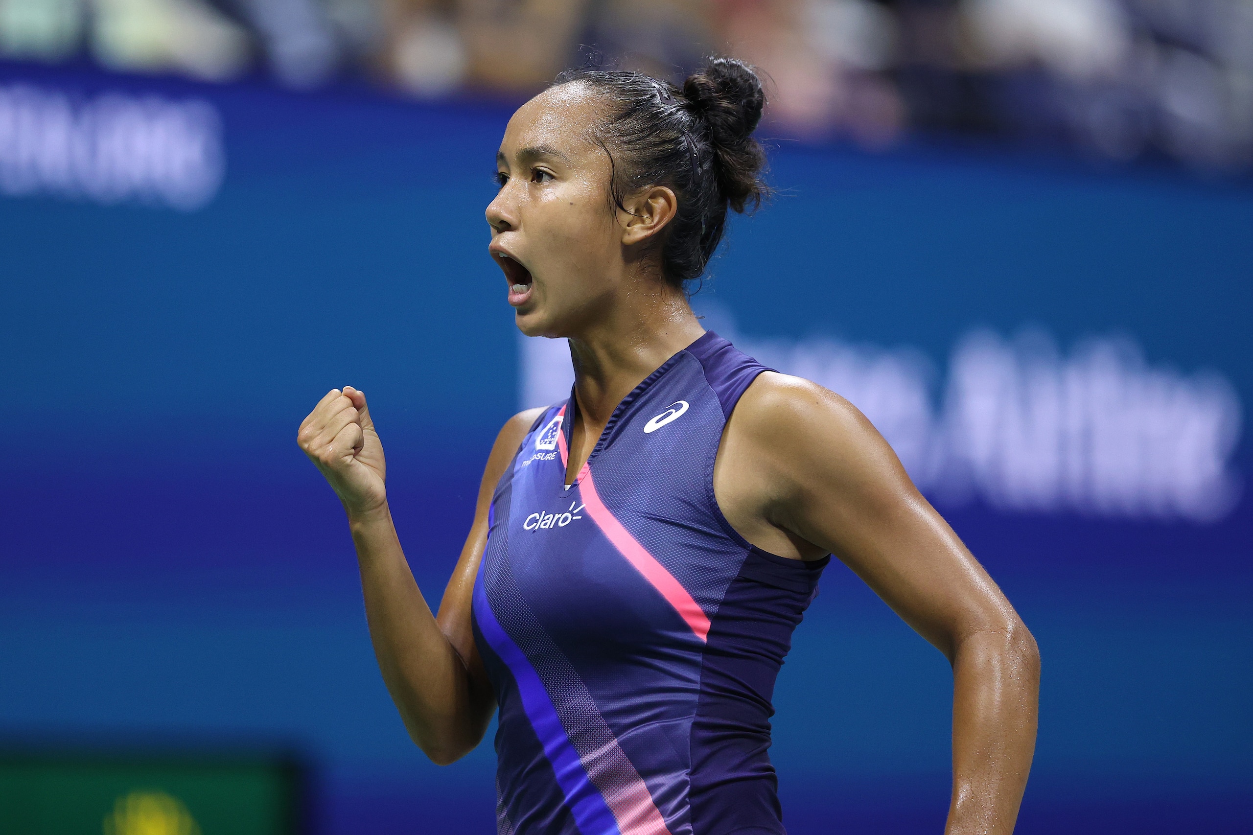 NEW YORK, NEW YORK - SEPTEMBER 09: Leylah Annie Fernandez of Canada reacts against Aryna Sabalenka of Belarus during her Women’s Singles semifinals match on Day Eleven of the 2021 US Open at the USTA Billie Jean King National Tennis Center on September 09, 2021 in the Flushing neighborhood of the Queens borough of New York City. (Photo by Elsa/Getty Images) NEW YORK, NEW YORK - SEPTEMBER 09: Leylah Annie Fernandez of Canada reacts against Aryna Sabalenka of Belarus during her Women’s Singles semifinals match on Day Eleven of the 2021 US Open at the USTA Billie Jean King National Tennis Center on September 09, 2021 in the Flushing neighborhood of the Queens borough of New York City. (Photo by Elsa/Getty Images)
