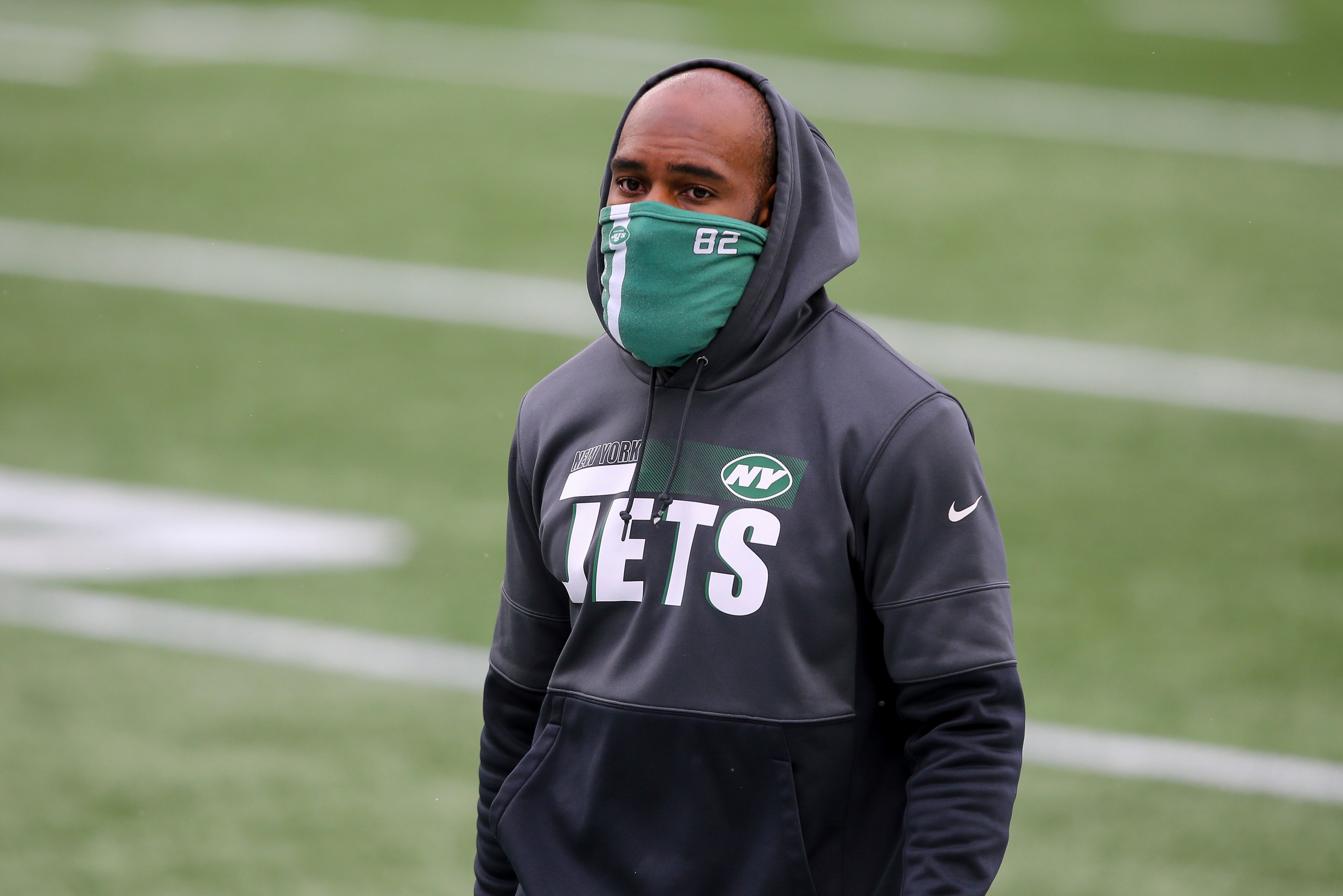 New York Jets wide receiver Jamison Crowder (82) prior to an NFL football game against the New England Patriots, Sunday, Jan. 3, 2021, in Foxborough, Mass. (AP Photo/Stew Milne)