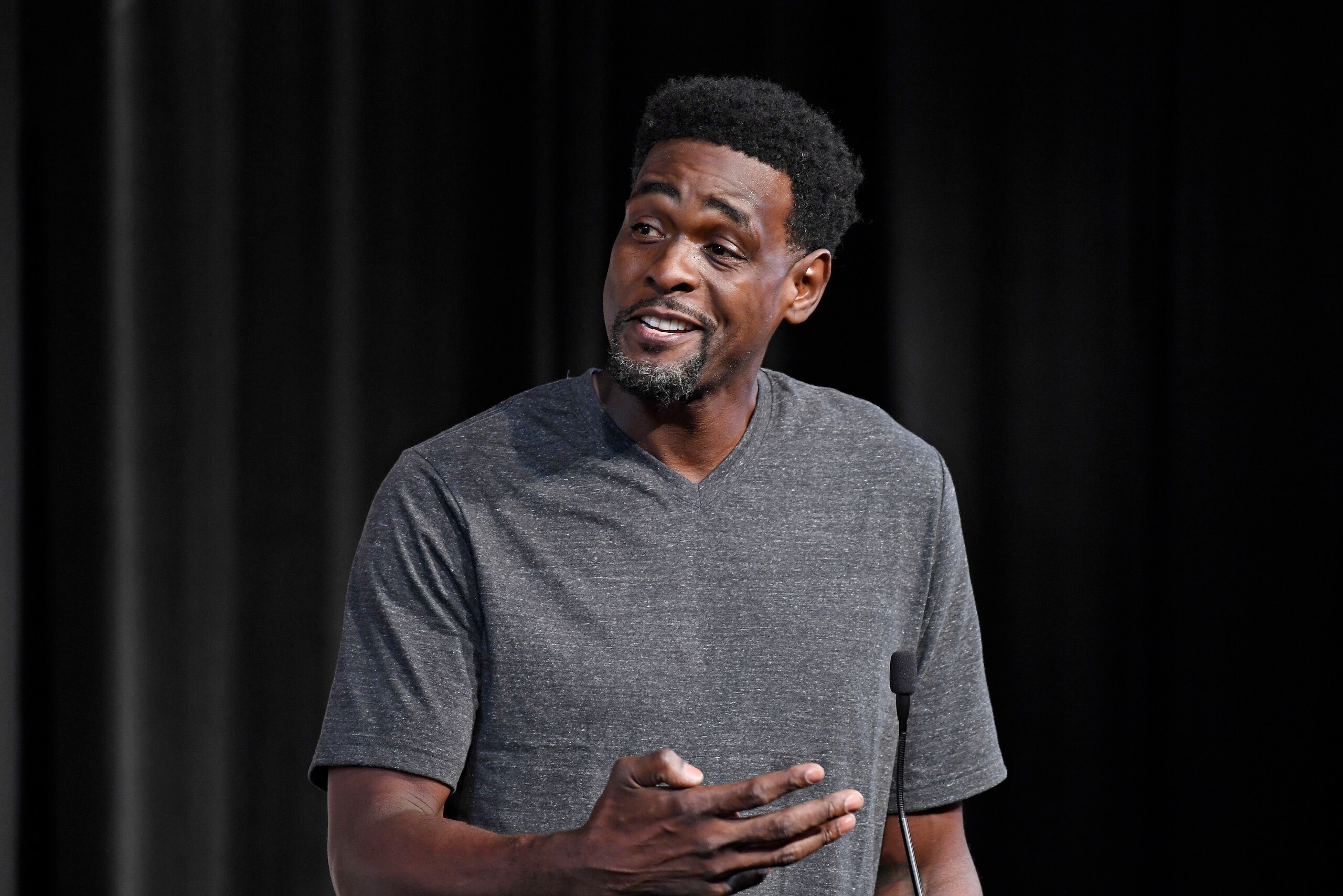 Basketball Hall of Fame Class of 2021 inductee Chris Webber speaks at a news conference at Mohegan Sun, Friday, Sept. 10, 2021, in Uncasville, Conn. (AP Photo/Jessica Hill)