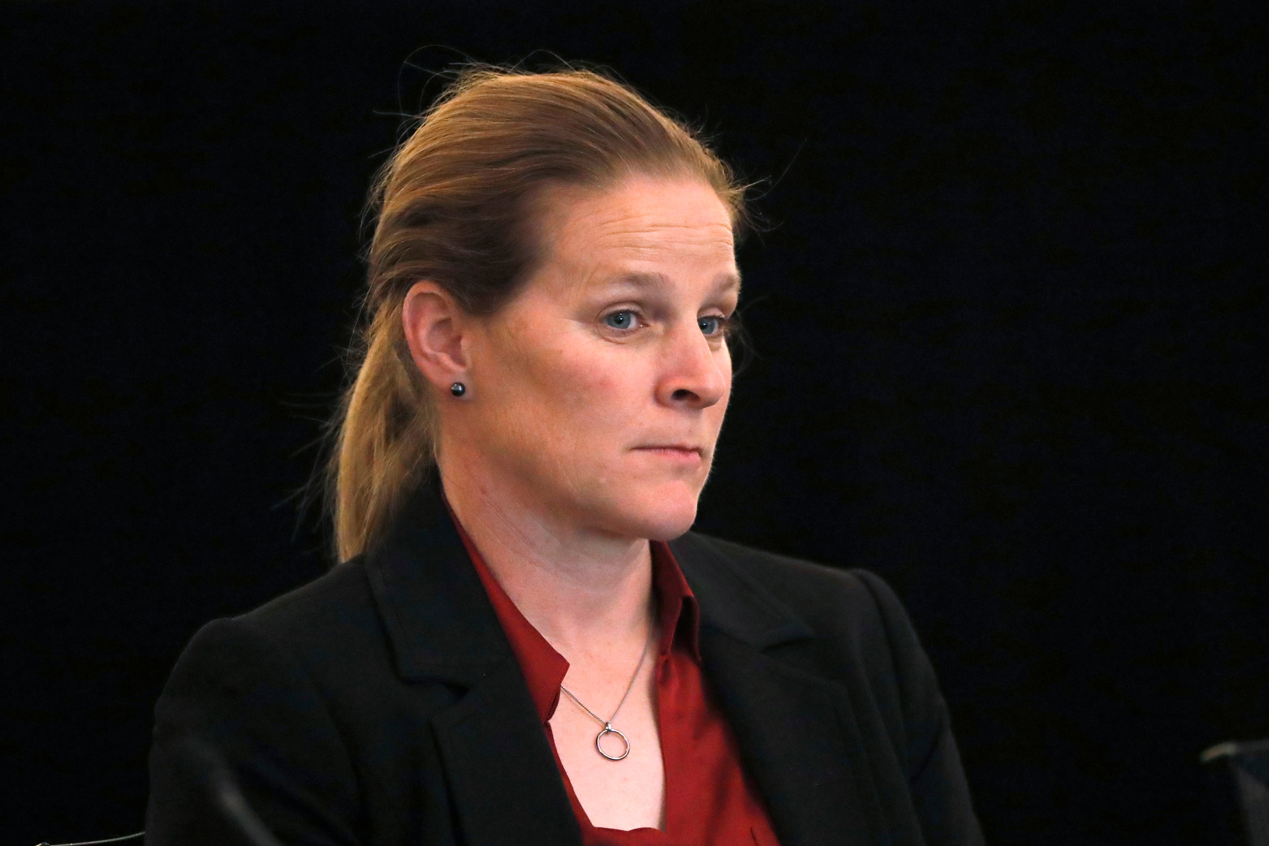 FILE - In this Dec. 6, 2019, file photo, Cindy Parlow Cone, vice president of the U.S. Soccer Federation, attends a meeting of the organization's board of directors Friday, Dec. 6, 2019, in Chicago. Carlos Cordeiro resigned as the federation's president Thursday night, March 12, 2020, three days after the organization sparked a backlash when its legal papers in a gender discrimination lawsuit claimed the women's national team players had less physical ability and responsibility than their male counterparts. His decision elevated former American midfielder Parlow Cone to become the first woman president in the history of the 107-year-old federation. (AP Photo/Charles Rex Arbogast, File) FILE - In this Dec. 6, 2019, file photo, Cindy Parlow Cone, vice president of the U.S. Soccer Federation, attends a meeting of the organization's board of directors Friday, Dec. 6, 2019, in Chicago. Carlos Cordeiro resigned as the federation's president Thursday night, March 12, 2020, three days after the organization sparked a backlash when its legal papers in a gender discrimination lawsuit claimed the women's national team players had less physical ability and responsibility than their male counterparts. His decision elevated former American midfielder Parlow Cone to become the first woman president in the history of the 107-year-old federation. (AP Photo/Charles Rex Arbogast, File)