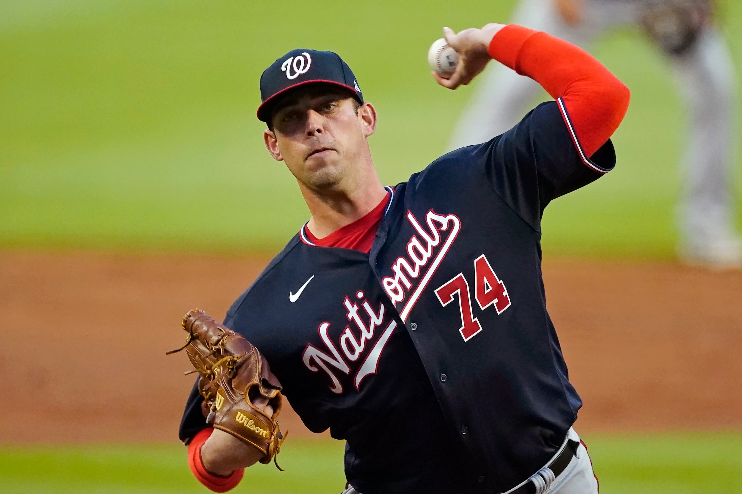 Washington Nationals relief pitcher Sean Nolin delivers during the first inning of the team's baseball game against the Atlanta Braves on Wednesday, Sept. 8, 2021, in Atlanta. (AP Photo/John Bazemore) Washington Nationals relief pitcher Sean Nolin delivers during the first inning of the team's baseball game against the Atlanta Braves on Wednesday, Sept. 8, 2021, in Atlanta. (AP Photo/John Bazemore)