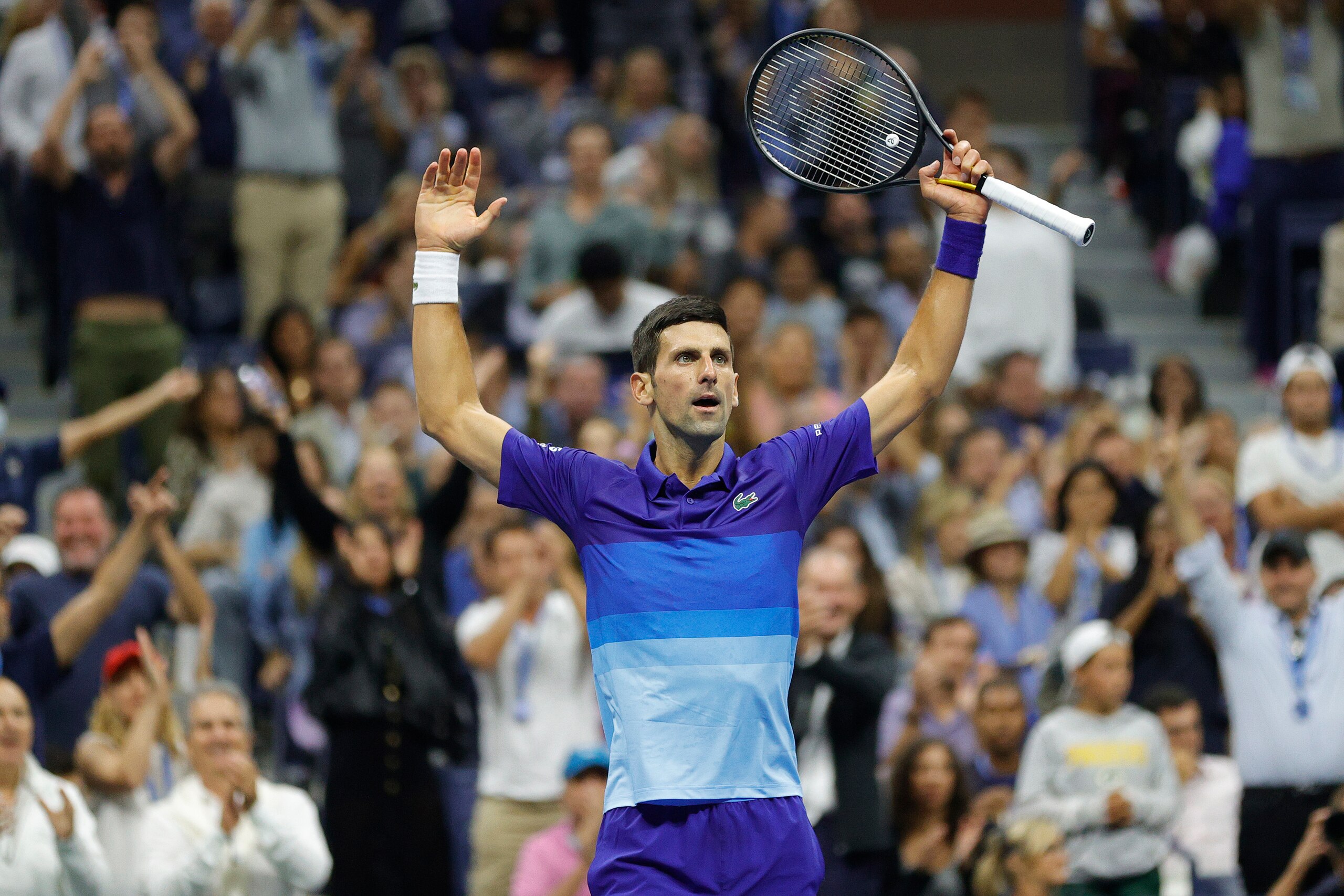 NEW YORK, NEW YORK - SEPTEMBER 10: Novak Djokovic of Serbia reacts to set point in the third set as he plays against Alexander Zverev of Germany during their Men’s Singles semifinal match on Day Twelve of the 2021 US Open at the USTA Billie Jean King National Tennis Center on September 10, 2021 in the Flushing neighborhood of the Queens borough of New York City. (Photo by Sarah Stier/Getty Images)