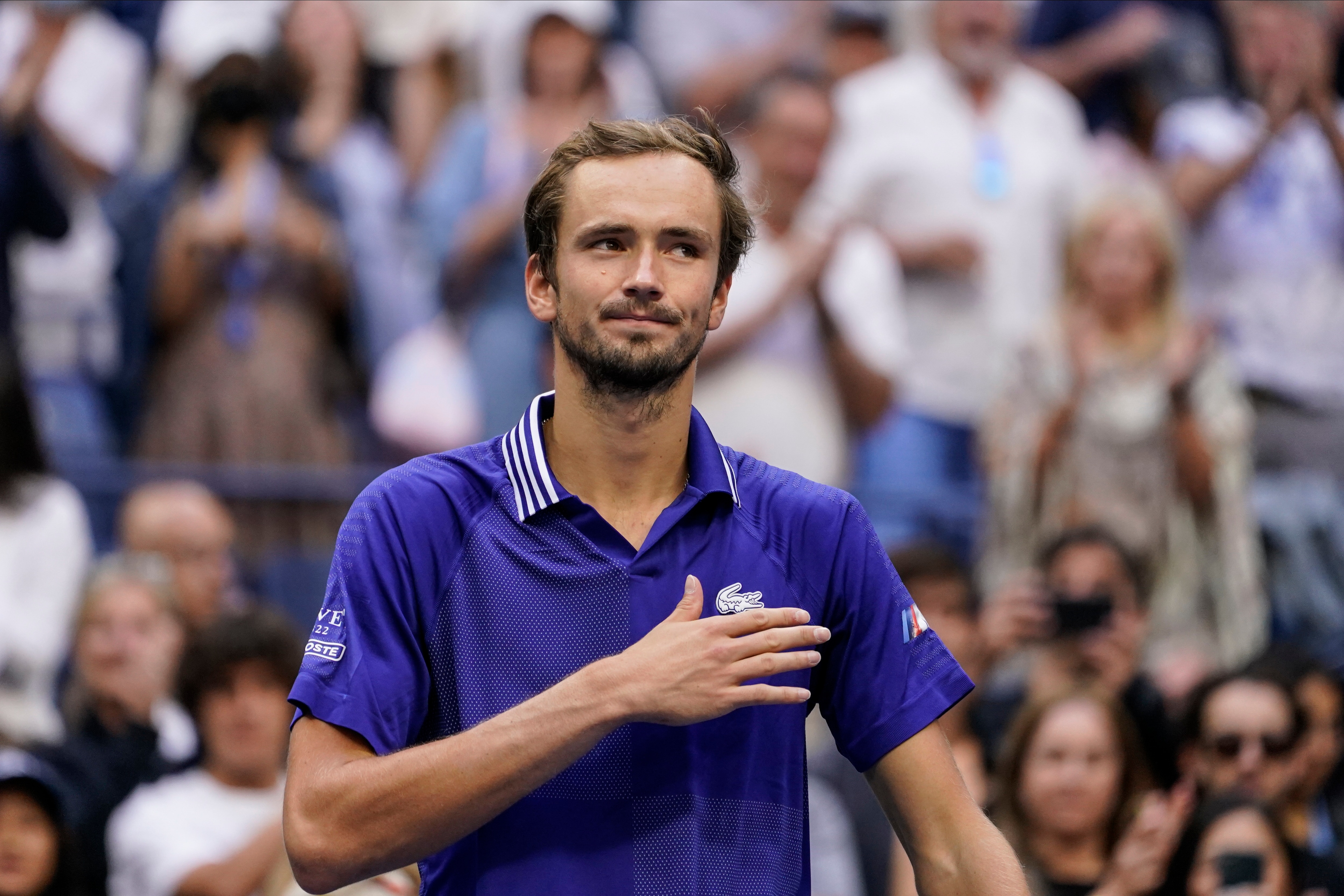 Daniil Medvedev, of Russia, reacts after defeating Felix Auger-Aliassime, of Canada, during the semifinals of the US Open tennis championships, Friday, Sept. 10, 2021, in New York. (AP Photo/John Minchillo)