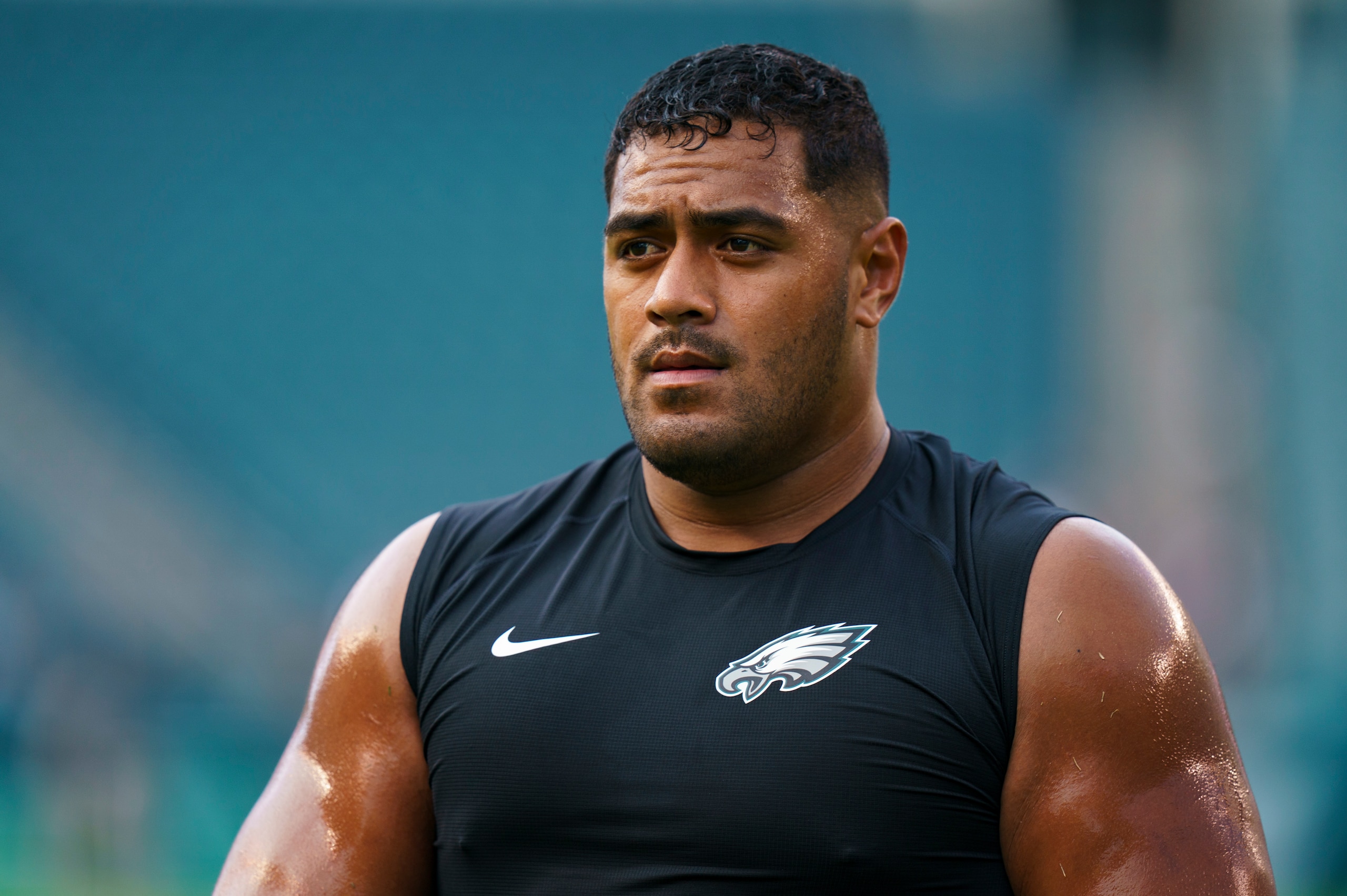 Philadelphia Eagles offensive tackle Jordan Mailata looks on during the NFL football game against the New England Patriots, Thursday, Aug. 19, 2021, in Philadelphia. (AP Photo/Chris Szagola) Philadelphia Eagles offensive tackle Jordan Mailata looks on during the NFL football game against the New England Patriots, Thursday, Aug. 19, 2021, in Philadelphia. (AP Photo/Chris Szagola)