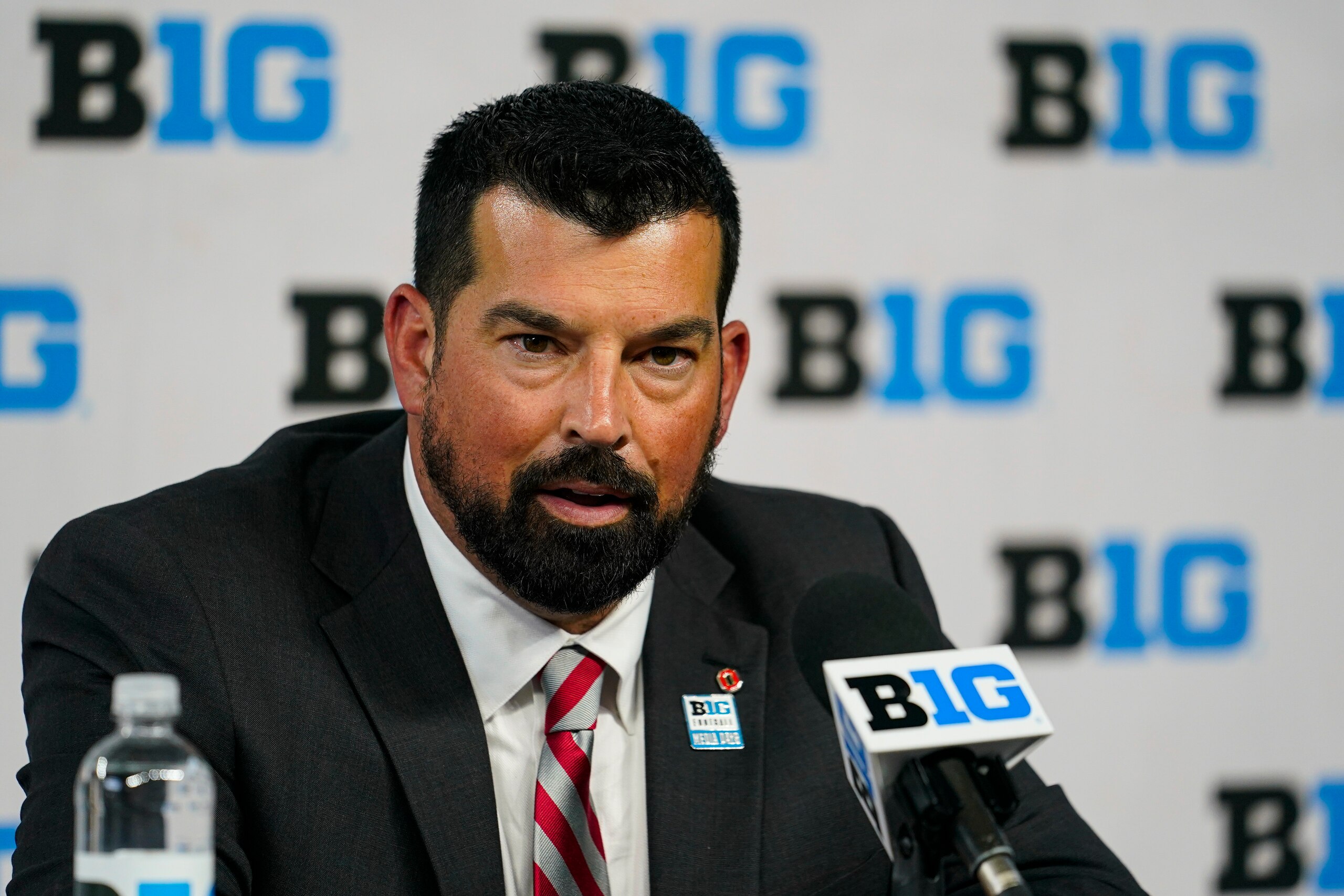 Ohio State head coach Ryan Day talks to reporters during an NCAA college football news conference at the Big Ten Conference media days, at Lucas Oil Stadium in Indianapolis, Friday, July 23, 2021. (AP Photo/Michael Conroy)