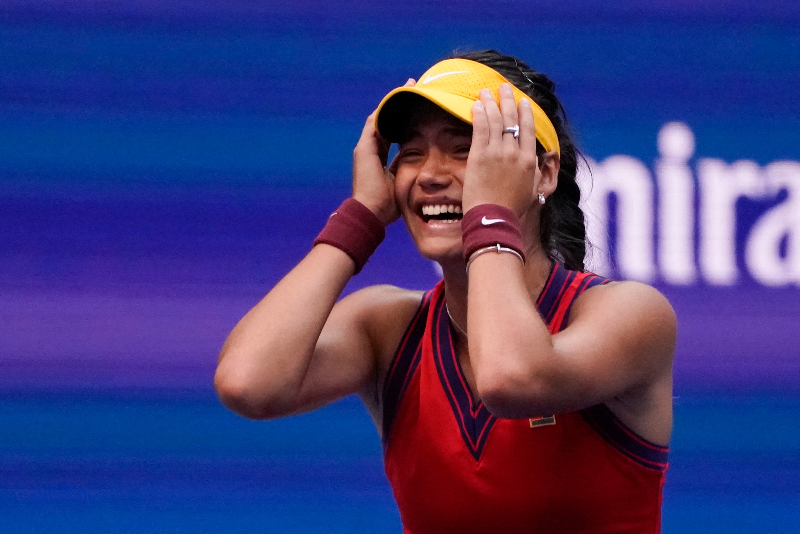 Britain's Emma Raducanu reacts after winning her 2021 US Open Tennis tournament women's final match against Canada's Leylah Fernandez at the USTA Billie Jean King National Tennis Center in New York, on September 11, 2021. (Photo by TIMOTHY A. CLARY / AFP) (Photo by TIMOTHY A. CLARY/AFP via Getty Images)