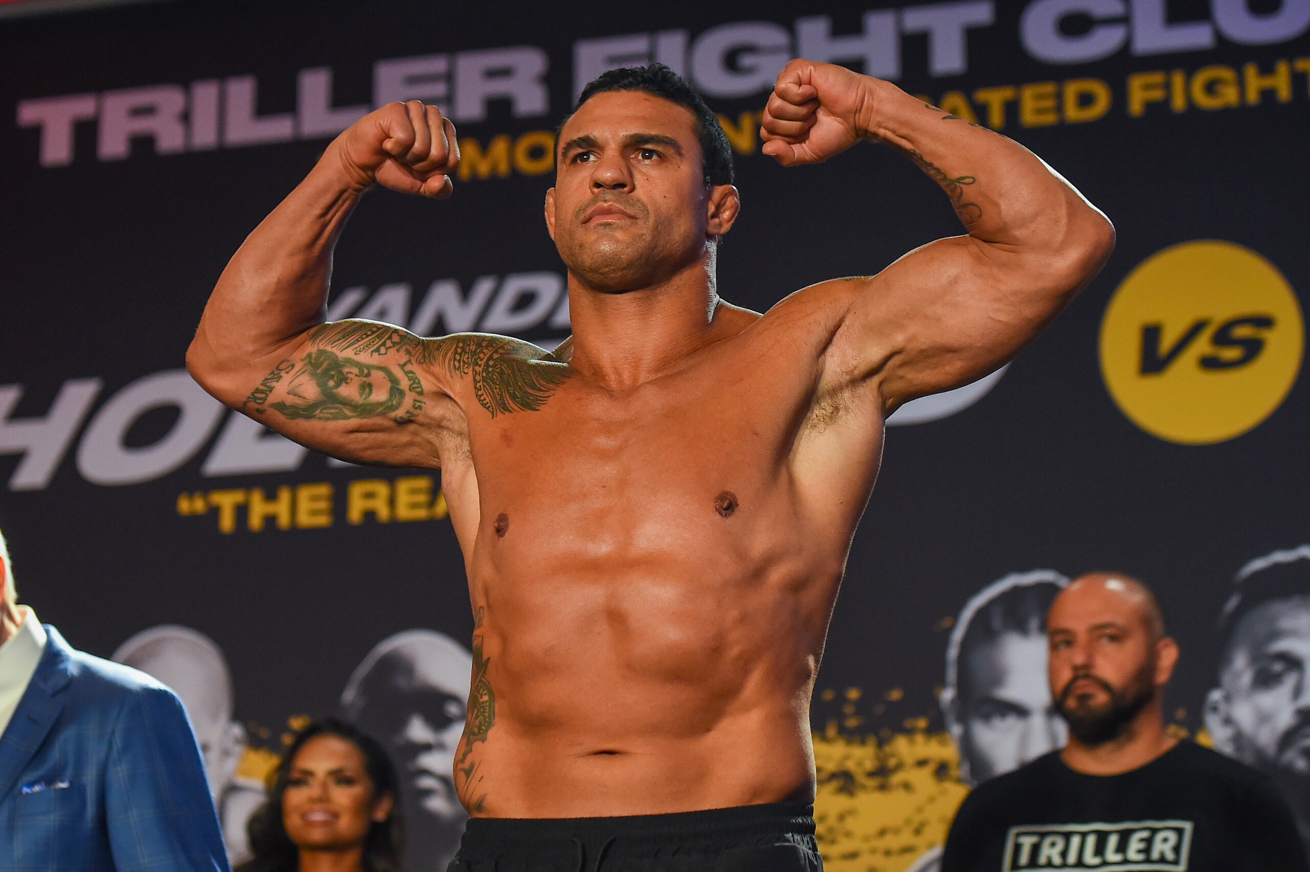 FORT LAUDERDALE, FL - SEPTEMBER 10: Vitor Belfort flexes during the weigh-in ahead of his fight against Evander Holyfield on September 11 at The Harbor Beach Marriott on September 10, 2021 in Fort Lauderdale, Florida. (Photo by Eric Espada/Getty Images) FORT LAUDERDALE, FL - SEPTEMBER 10: Vitor Belfort flexes during the weigh-in ahead of his fight against Evander Holyfield on September 11 at The Harbor Beach Marriott on September 10, 2021 in Fort Lauderdale, Florida. (Photo by Eric Espada/Getty Images)