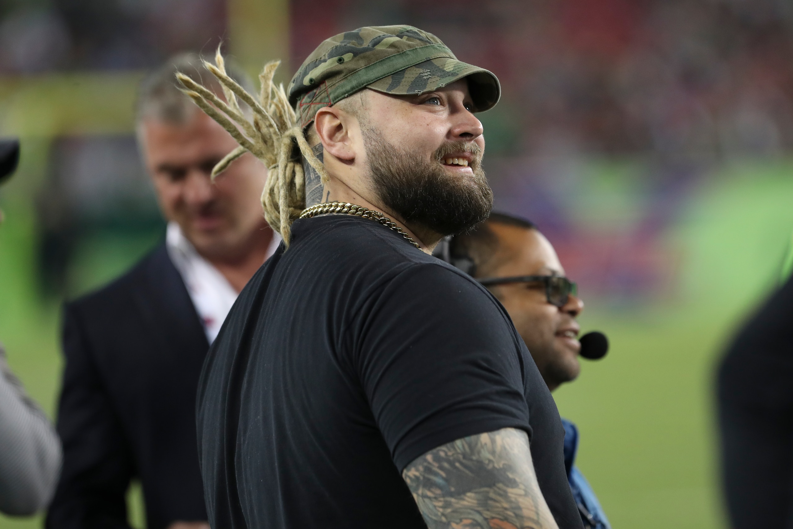 TAMPA, FL - MARCH 01: WWE wrestler Bray Wyatt watches from the sideline during the XFL game between the DC Defenders and Tampa Bay Vipers on March 01, 2020 at Raymond James Stadium in Tampa, FL. (Photo by Mark LoMoglio/Icon Sportswire via Getty Images)