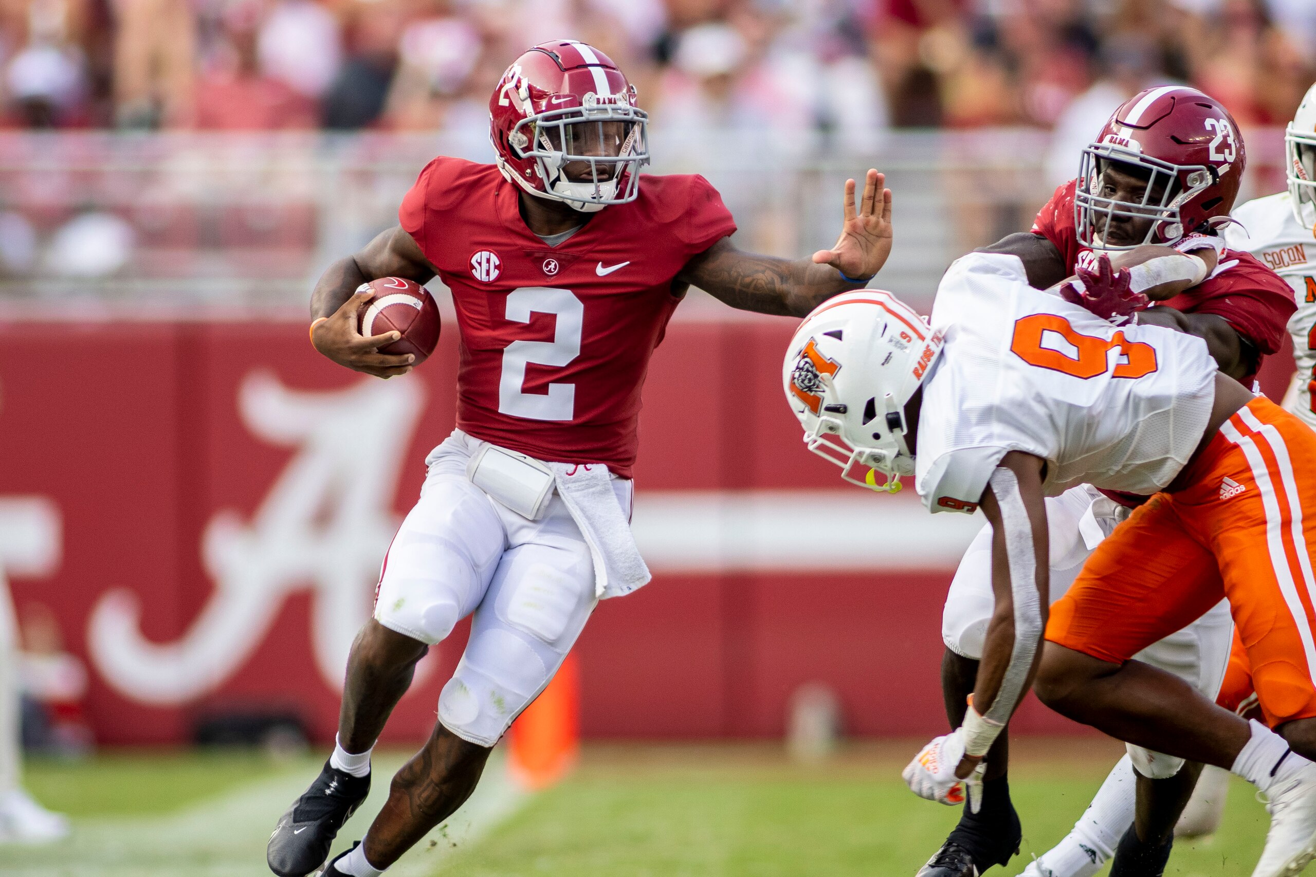 Alabama quarterback Jalen Milroe (2) runs the ball against Mercer during the second half of an NCAA college football game, Saturday, Sept. 11, 2021, in Tuscaloosa, Ala. (AP Photo/Vasha Hunt)