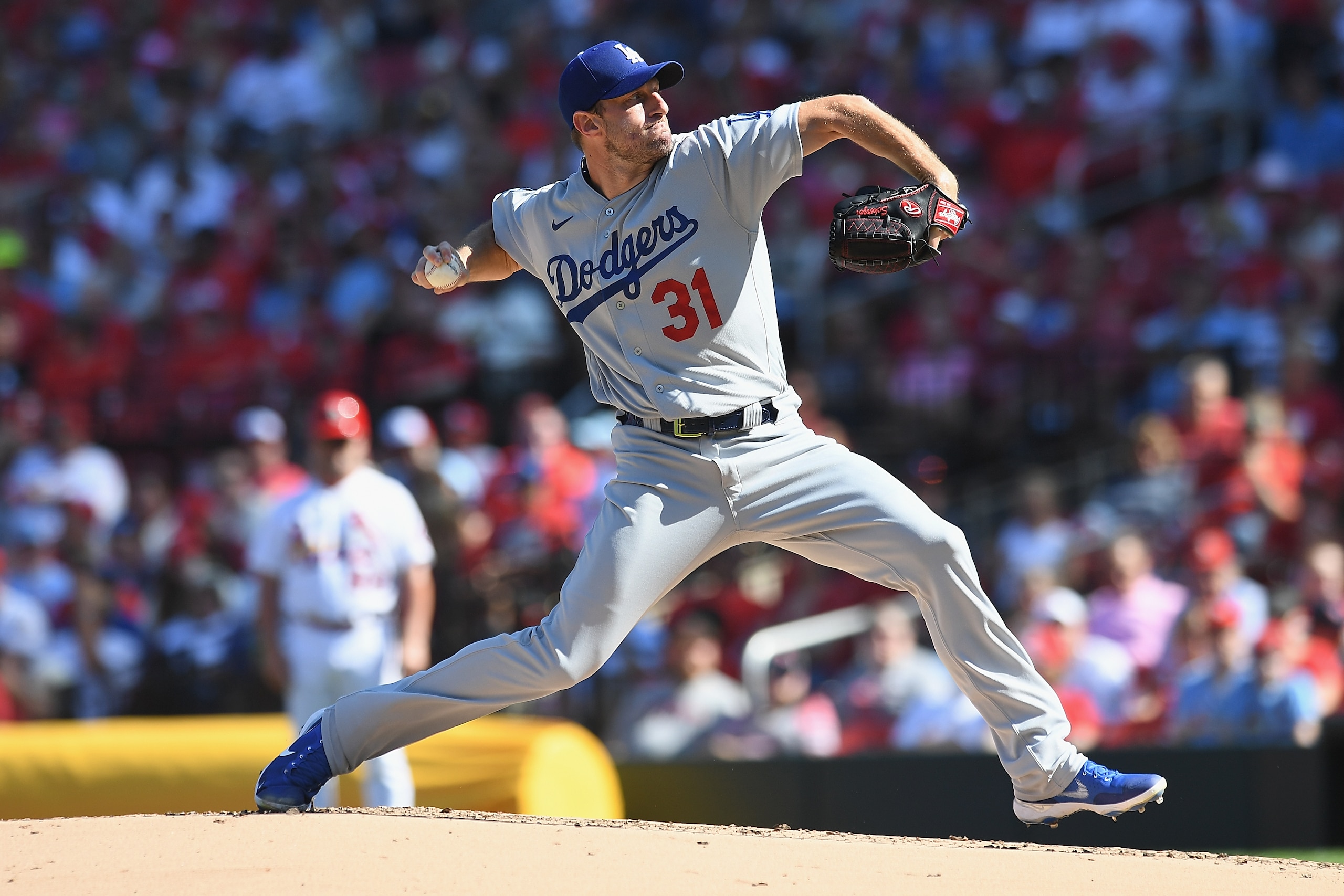 ST. LOUIS, MO - SEPTEMBER 6: Starting pitcher Max Scherzer #31 of the Los Angeles Dodgers pitches in the first inning against the St. Louis Cardinalsat Busch Stadium on September 6, 2021 in St. Louis, Missouri. (Photo by Michael B. Thomas /Getty Images)