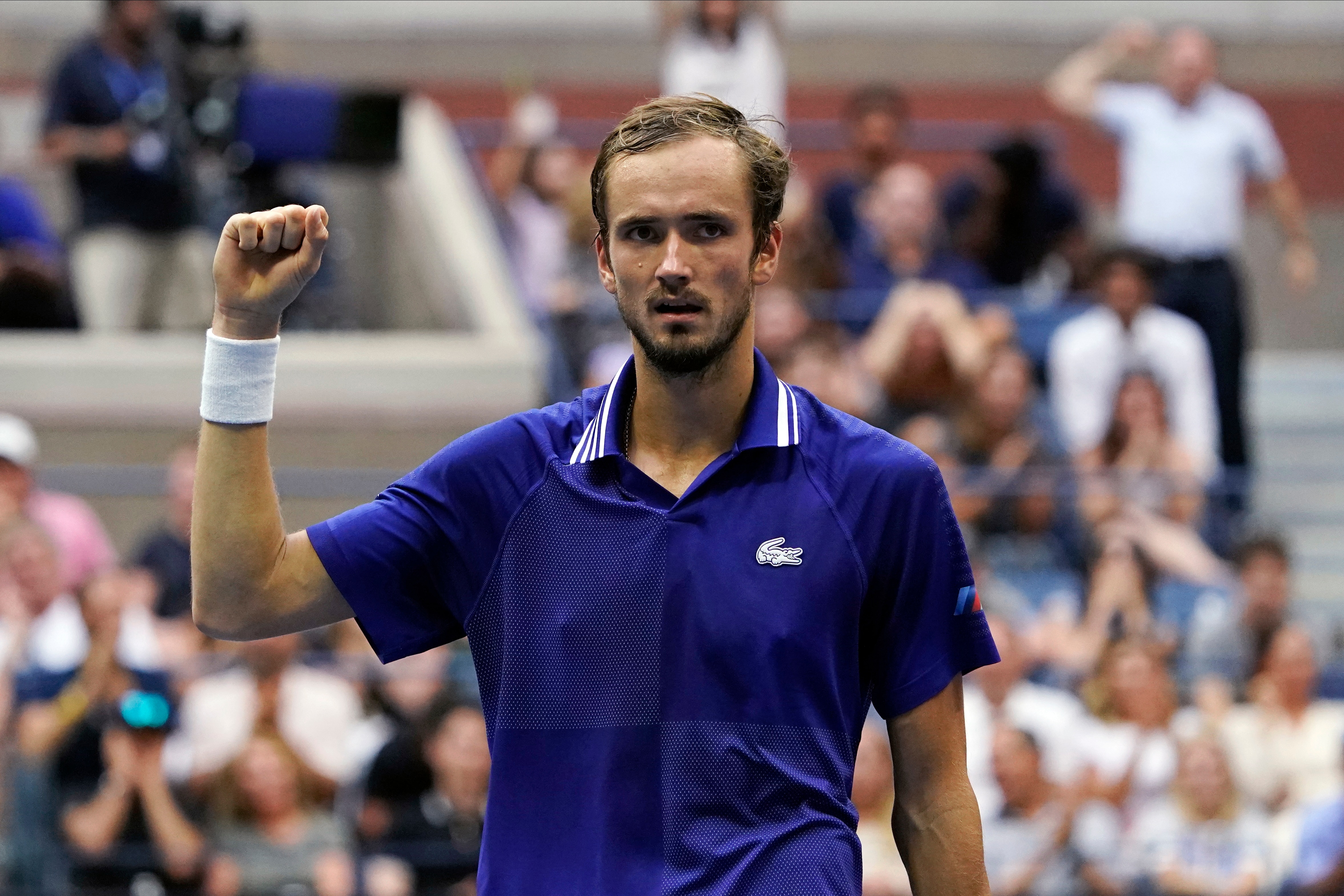 Daniil Medvedev, of Russia, reacts after scoring a point against Novak Djokovic, of Serbia, during the men's singles final of the US Open tennis championships, Sunday, Sept. 12, 2021, in New York. (AP Photo/Elise Amendola)
