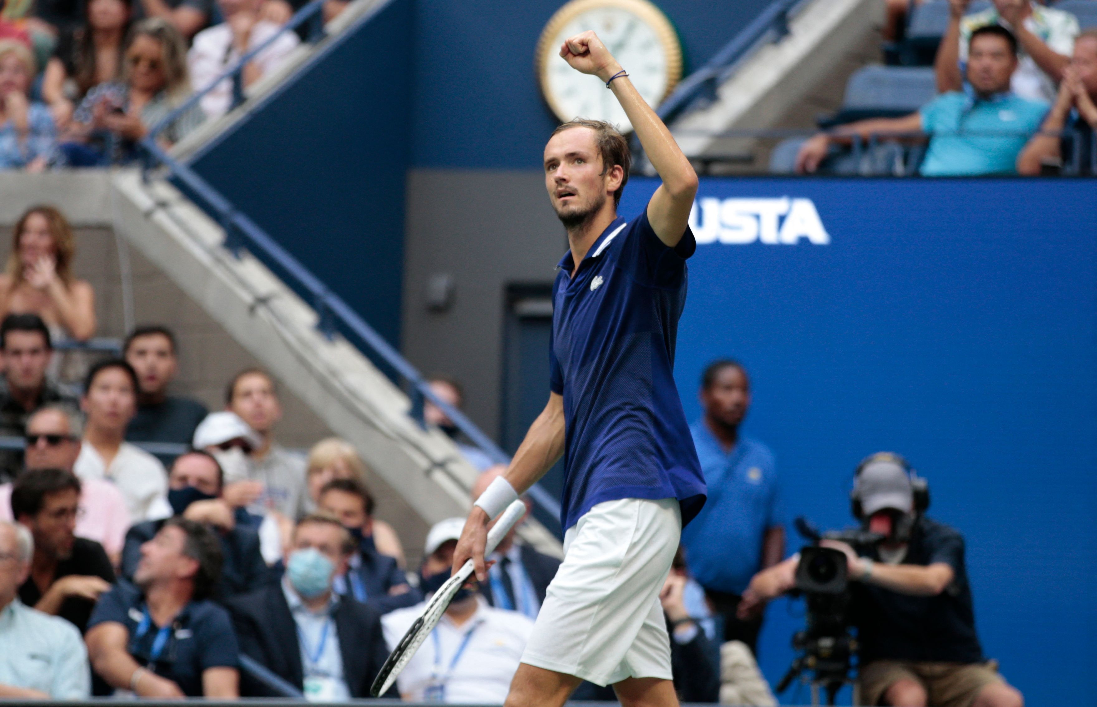 Russia's Daniil Medvedev celebrates a point Serbia's Novak Djokovic during their 2021 US Open Tennis tournament men's final match at the USTA Billie Jean King National Tennis Center in New York, on September 12, 2021. (Photo by Kena Betancur / AFP) (Photo by KENA BETANCUR/AFP via Getty Images)
