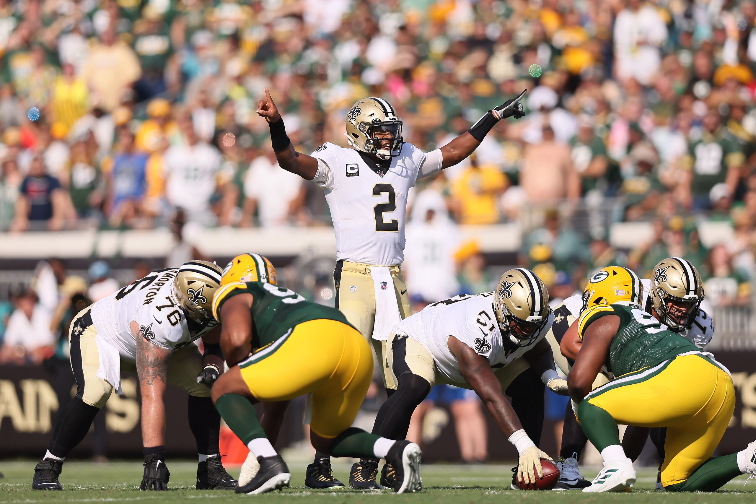 JACKSONVILLE, FLORIDA - SEPTEMBER 12: Jameis Winston #2 of the New Orleans Saints motions against the Green Bay Packers during the first quarter at TIAA Bank Field on September 12, 2021 in Jacksonville, Florida. (Photo by James Gilbert/Getty Images)