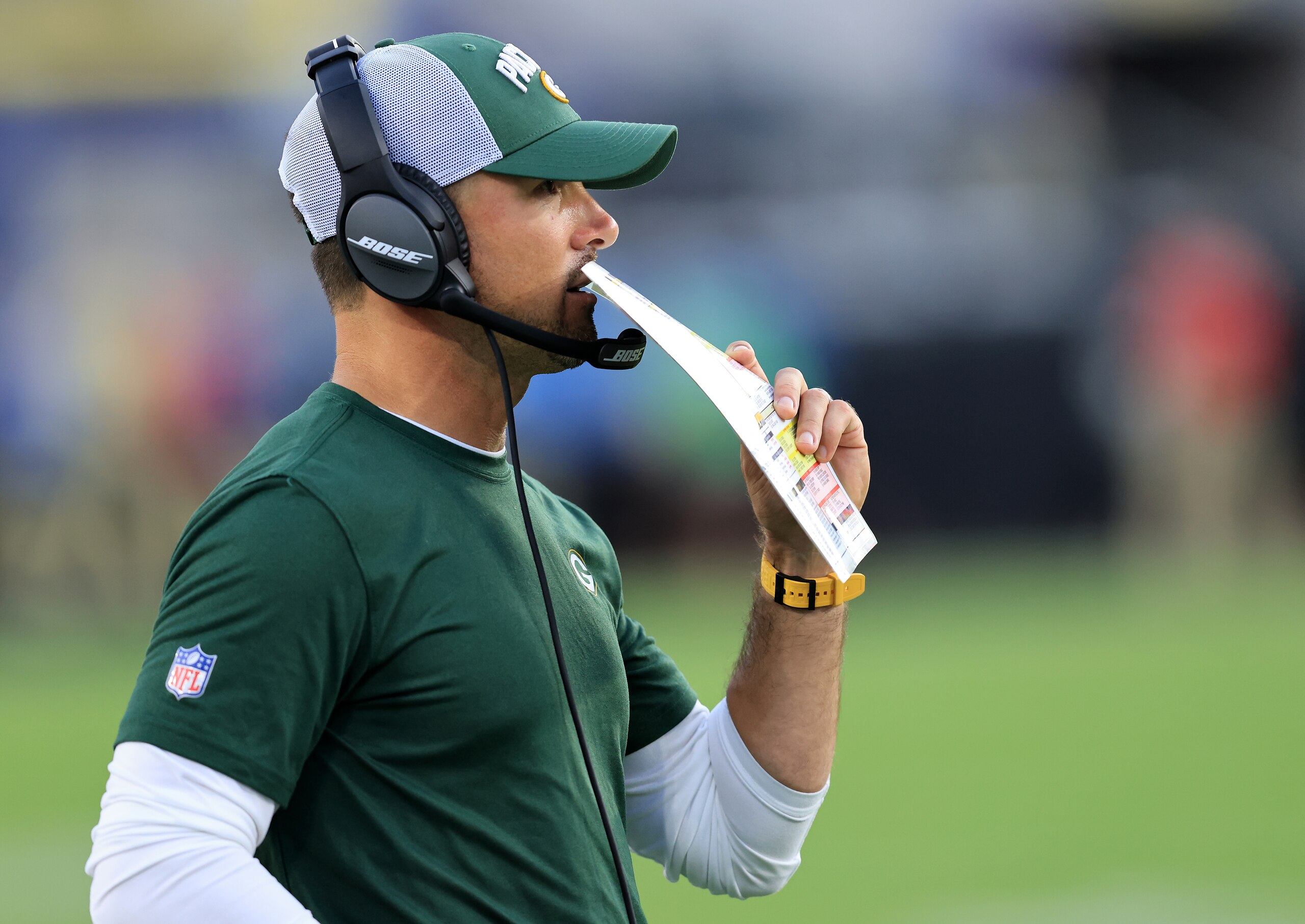 JACKSONVILLE, FLORIDA - SEPTEMBER 12: Head coach Matt LaFleur of the Green Bay Packers looks on against the New Orleans Saints during the second half at TIAA Bank Field on September 12, 2021 in Jacksonville, Florida. (Photo by Sam Greenwood/Getty Images)