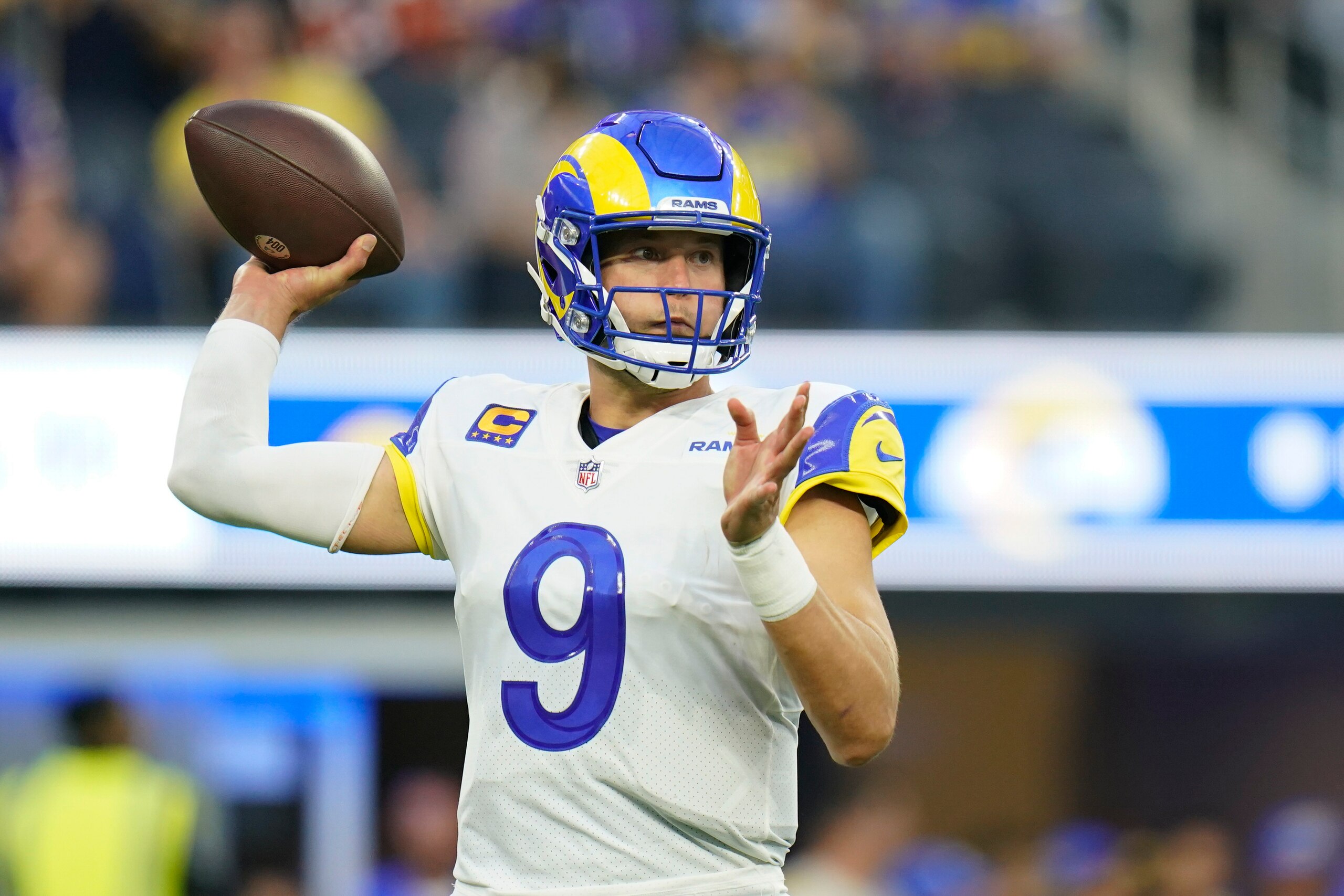 Los Angeles Rams quarterback Matthew Stafford throws a pass during the first half of an NFL football game against the Chicago Bears, Sunday, Sept. 12, 2021, in Inglewood, Calif. (AP Photo/Jae C. Hong)