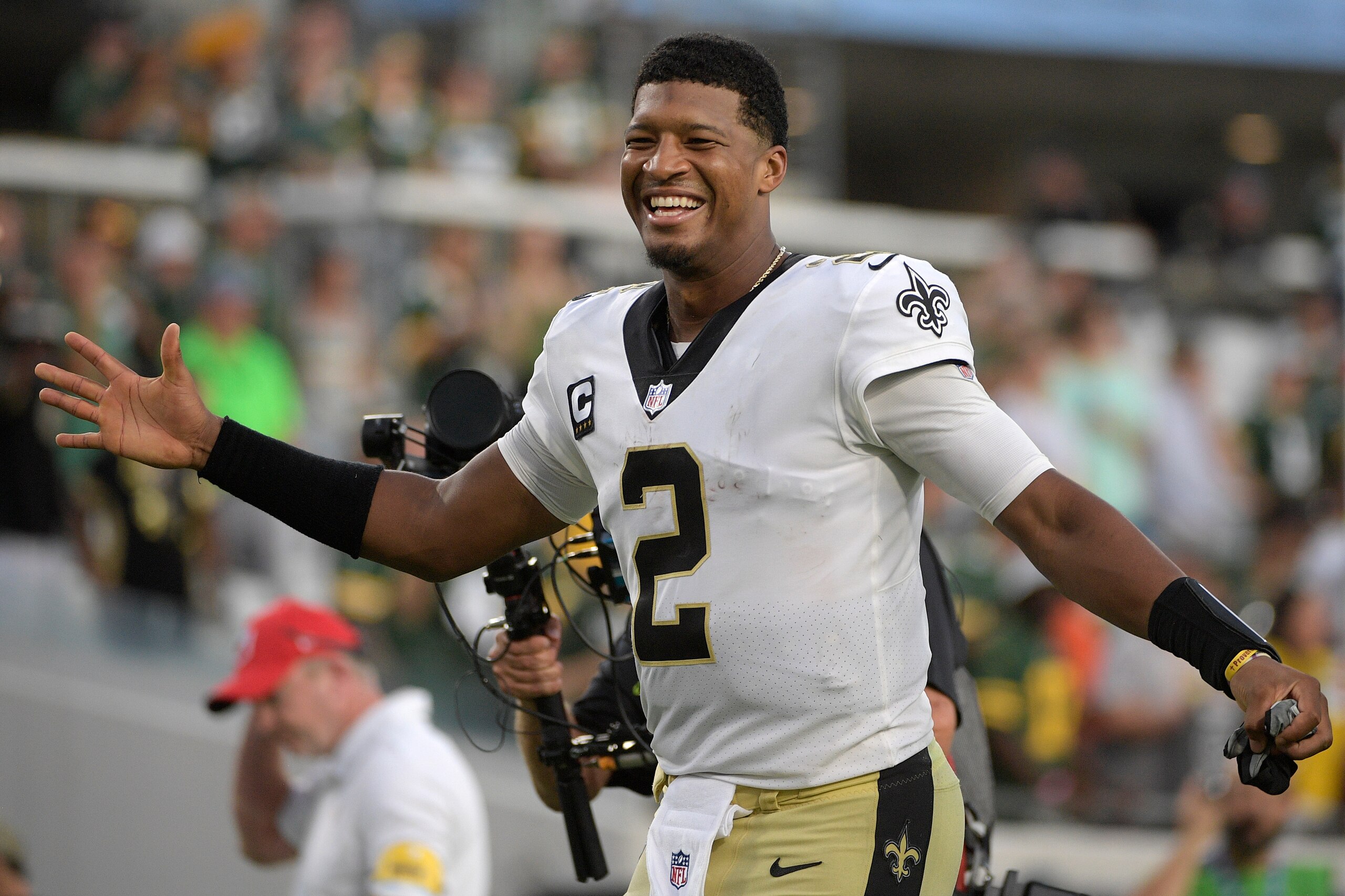New Orleans Saints quarterback Jameis Winston (2) celebrates after an NFL football game against the Green Bay Packers, Sunday, Sept. 12, 2021, in Jacksonville, Fla. (AP Photo/Phelan M. Ebenhack) New Orleans Saints quarterback Jameis Winston (2) celebrates after an NFL football game against the Green Bay Packers, Sunday, Sept. 12, 2021, in Jacksonville, Fla. (AP Photo/Phelan M. Ebenhack)