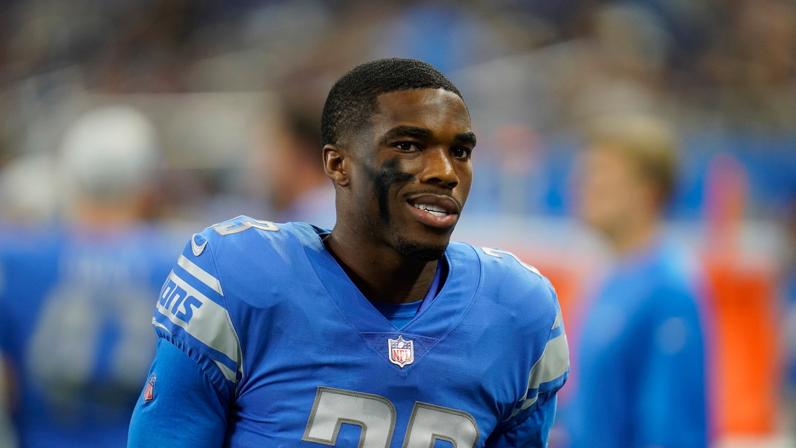 Detroit Lions cornerback Jeff Okudah plays during the first half of a preseason NFL football game, Friday, Aug. 13, 2021, in Detroit. (AP Photo/Paul Sancya)