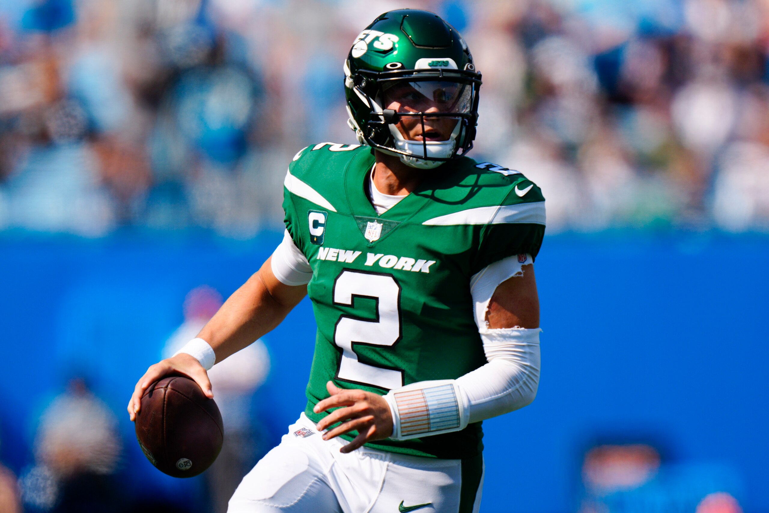 New York Jets quarterback Zach Wilson passes against the Carolina Panthers during the second half of an NFL football game Sunday, Sept. 12, 2021, in Charlotte, N.C. (AP Photo/Jacob Kupferman)