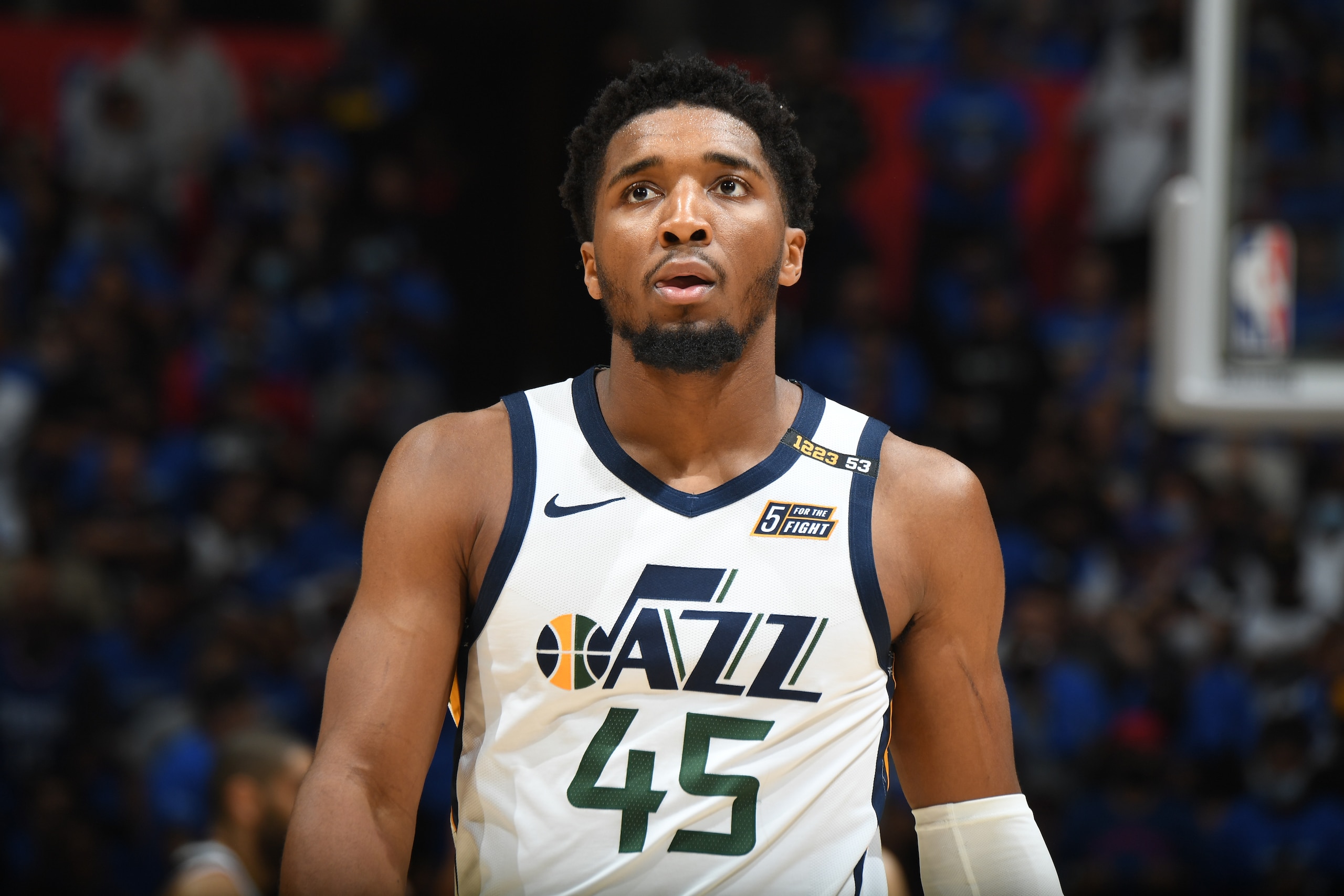 LOS ANGELES, CA - JUNE 18: Donovan Mitchell #45 of the Utah Jazz looks on during the game against the LA Clippers during Round 2, Game 6 of the 2021 NBA Playoffs on June 18, 2021 at STAPLES Center in Los Angeles, California. NOTE TO USER: User expressly acknowledges and agrees that, by downloading and/or using this Photograph, user is consenting to the terms and conditions of the Getty Images License Agreement. Mandatory Copyright Notice: Copyright 2021 NBAE (Photo by Andrew D. Bernstein/NBAE via Getty Images) LOS ANGELES, CA - JUNE 18: Donovan Mitchell #45 of the Utah Jazz looks on during the game against the LA Clippers during Round 2, Game 6 of the 2021 NBA Playoffs on June 18, 2021 at STAPLES Center in Los Angeles, California. NOTE TO USER: User expressly acknowledges and agrees that, by downloading and/or using this Photograph, user is consenting to the terms and conditions of the Getty Images License Agreement. Mandatory Copyright Notice: Copyright 2021 NBAE (Photo by Andrew D. Bernstein/NBAE via Getty Images)