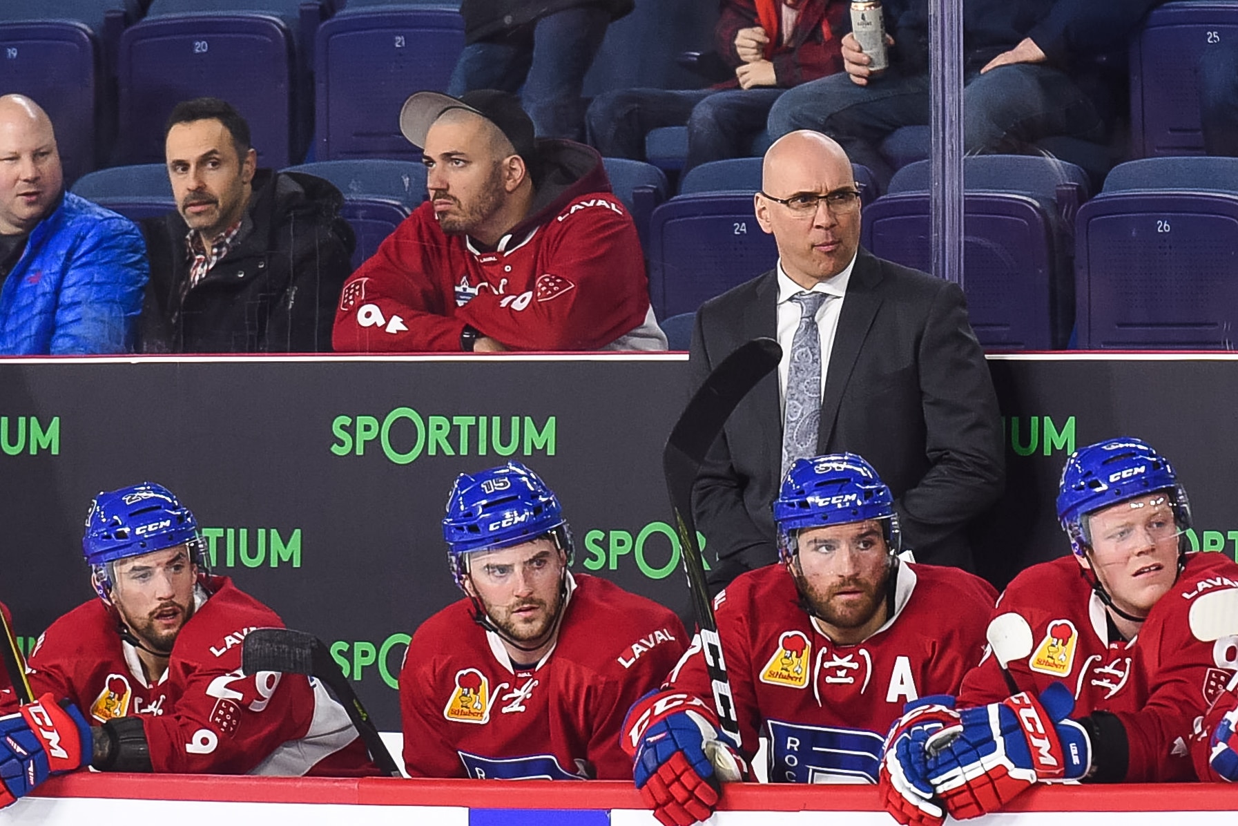 LAVAL, QC - FEBRUARY 14: Look on Laval Rocket head coach Sylvain Lefebvre during the Belleville Senators versus the Laval Rocket game on February 14, 2018, at Place Bell in Laval, QC (Photo by David Kirouac/Icon Sportswire via Getty Images)