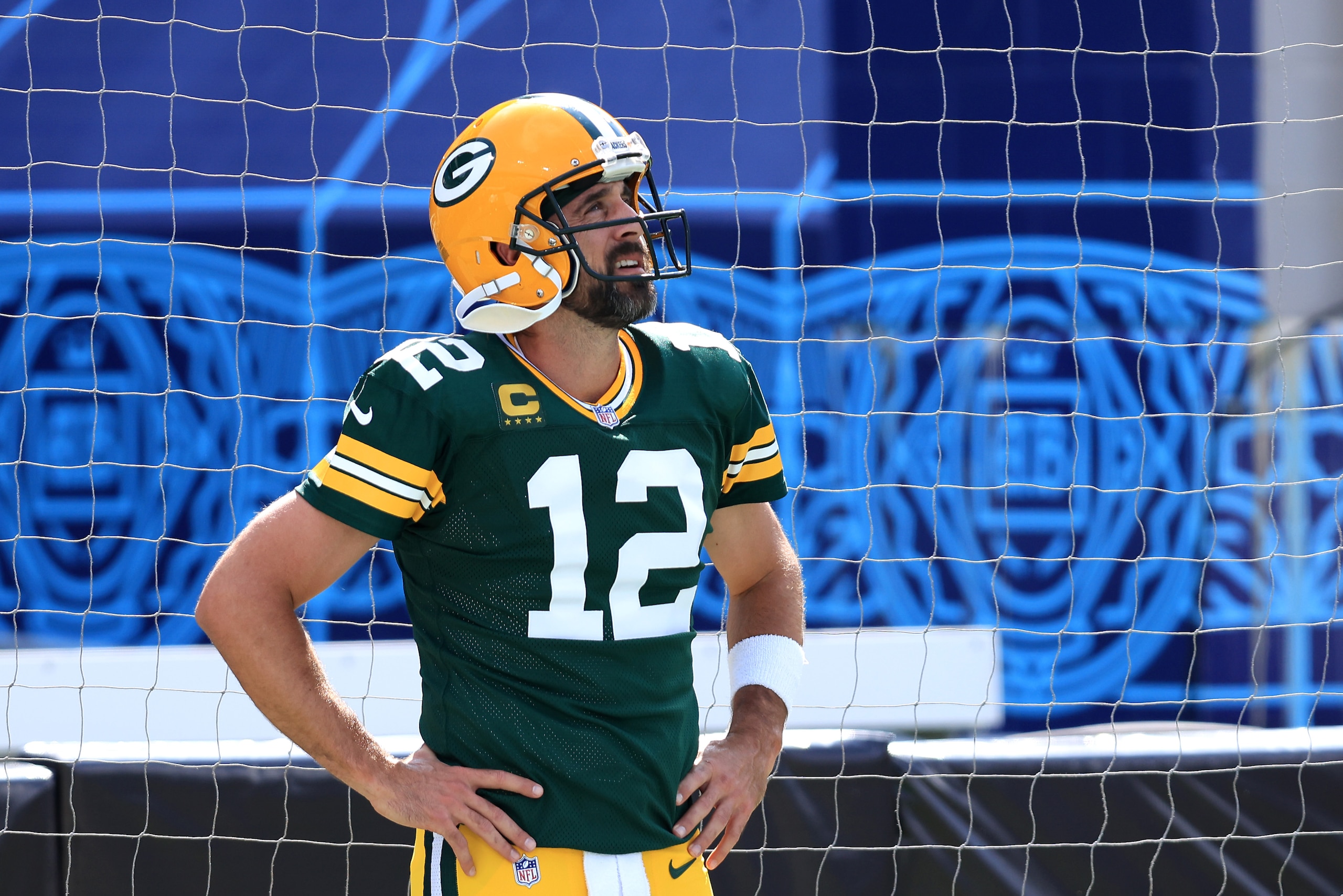 JACKSONVILLE, FLORIDA - SEPTEMBER 12: Aaron Rodgers #12 of the Green Bay Packers looks on prior to the game against the New Orleans Saints at TIAA Bank Field on September 12, 2021 in Jacksonville, Florida. (Photo by Sam Greenwood/Getty Images)