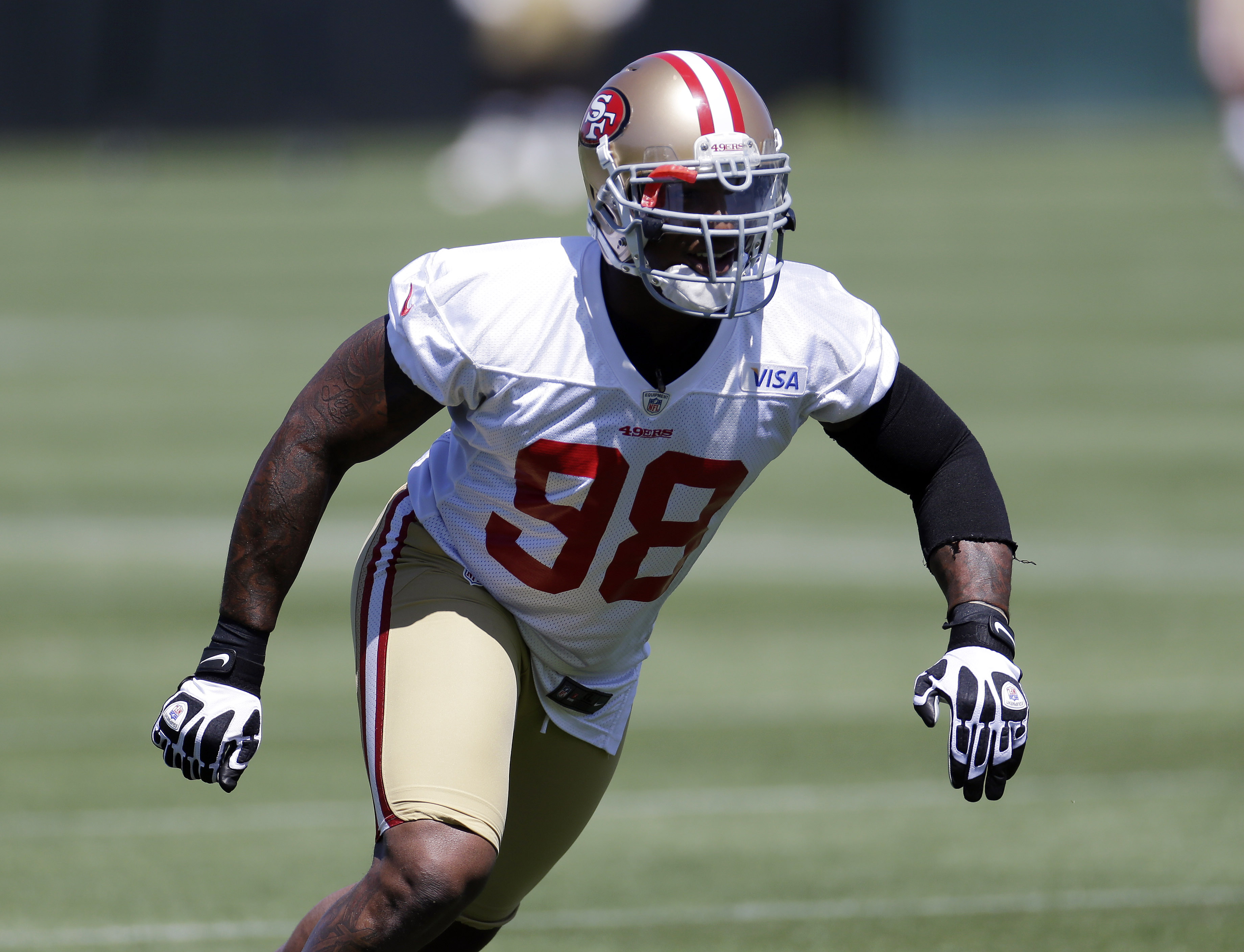 San Francisco 49ers linebacker Parys Haralson (98) during practice at the team's NFL football training facility in Santa Clara, Calif., Wednesday, June 12, 2013. (AP Photo/Marcio Jose Sanchez)
