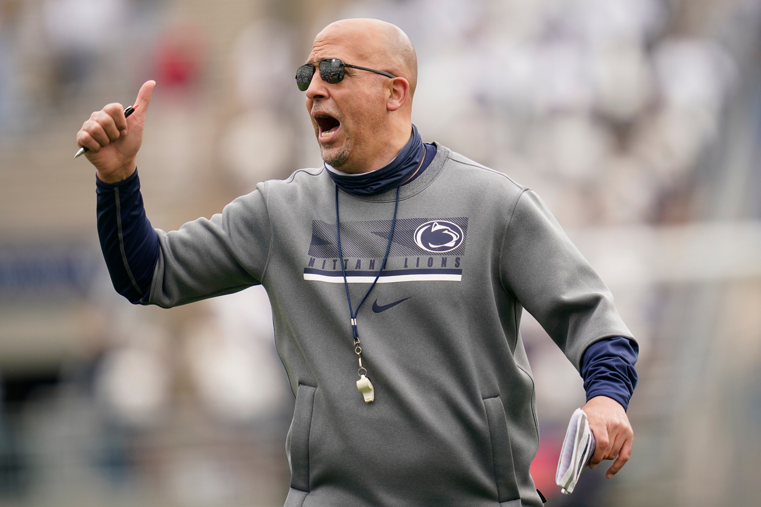 Penn State head coach James Franklin during their NCAA football practice, Saturday, April 17, 2021, in State College, Pa. (AP Photo/Keith Srakocic)